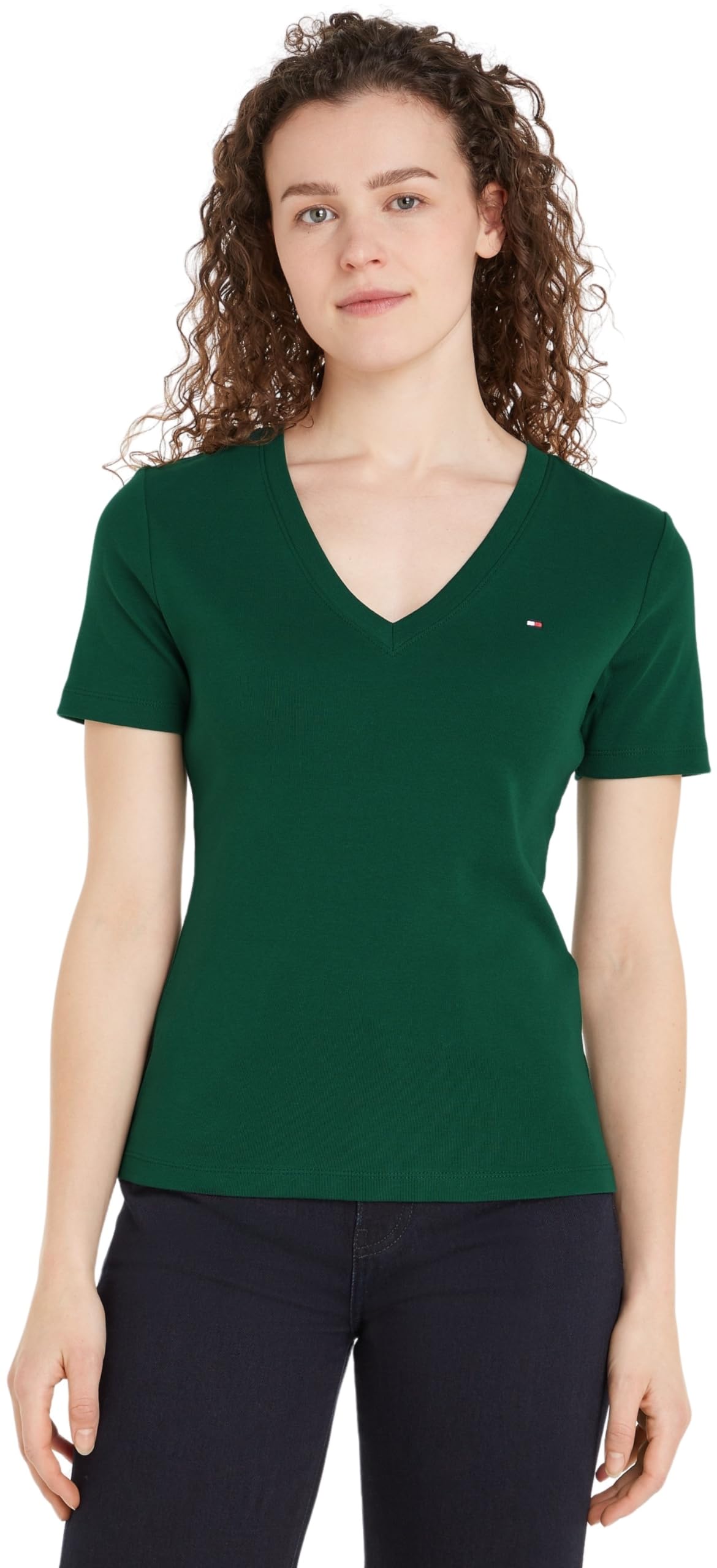 Tommy Hilfiger Damen T-Shirt Kurzarm New Slim Cody mit V-Ausschnitt, Grün (Ornamental Green), XL