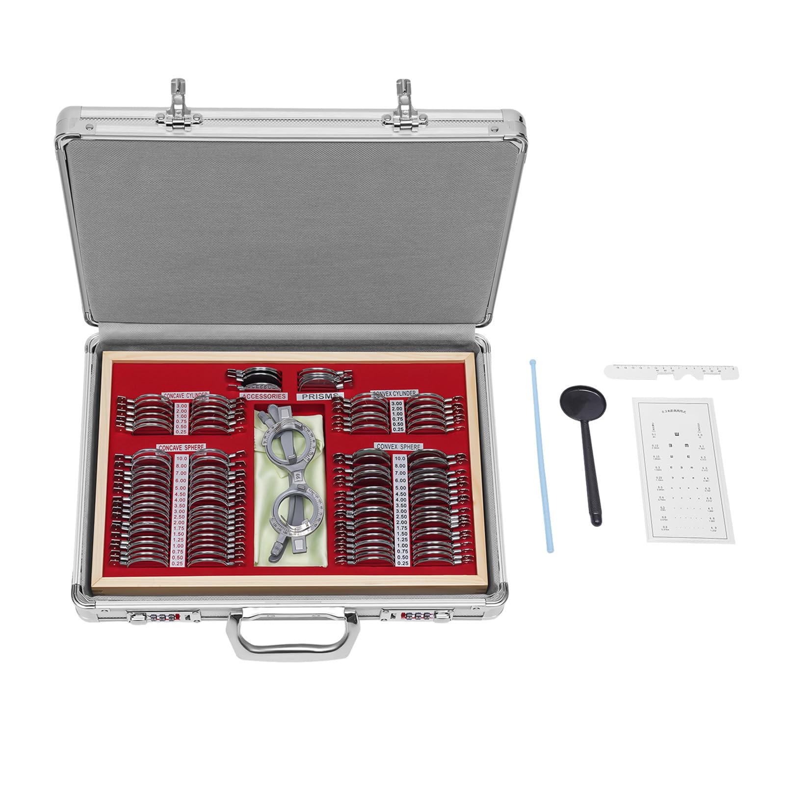 AGULIUM 104Pcs Optical Trial Lens Set with Eye Chart and Carrying Case, Metal Rim Trial Lens Set Optometric Kit for Optometrists and Vision Testers