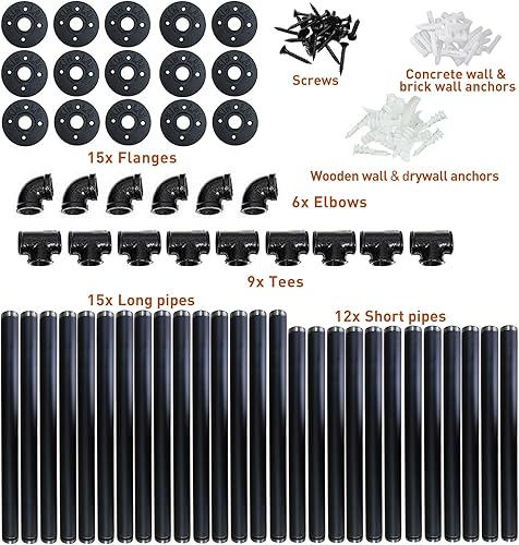 Miniatura 21 de HITOMEN Estantes industriales de tubos de hierro, 3 juegos de 3 niveles, 28 pulgadas de alto, 12 pulgadas de profundidad, estantería abierta de