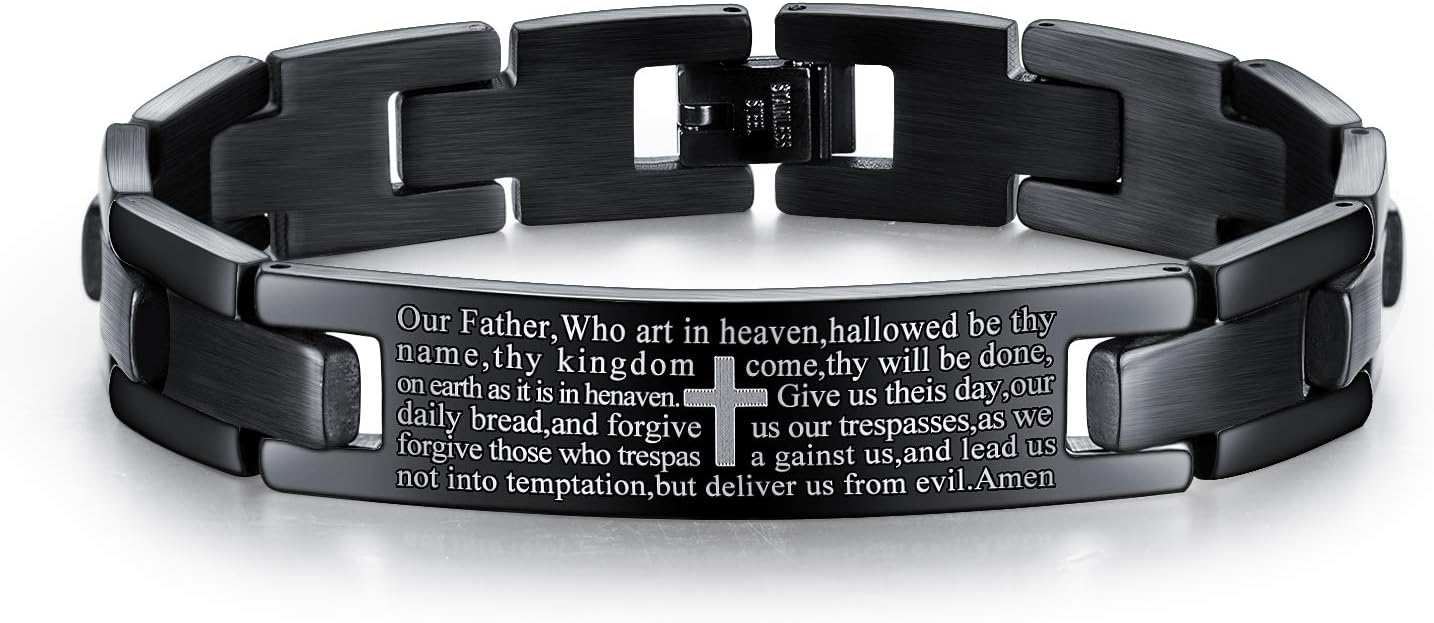 Mens Bracelet Lords Prayer Cross Stainless Steel Link Chain Bracelet for Men English Bible Religious Jewelry