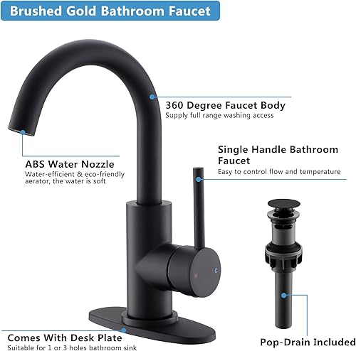 Miniatura 5 de FROPO Grifos de baño negros  Grifo de tocador negro mate con drenaje emergente, moderno grifo de fregadero de baño de un solo orificio con placa de