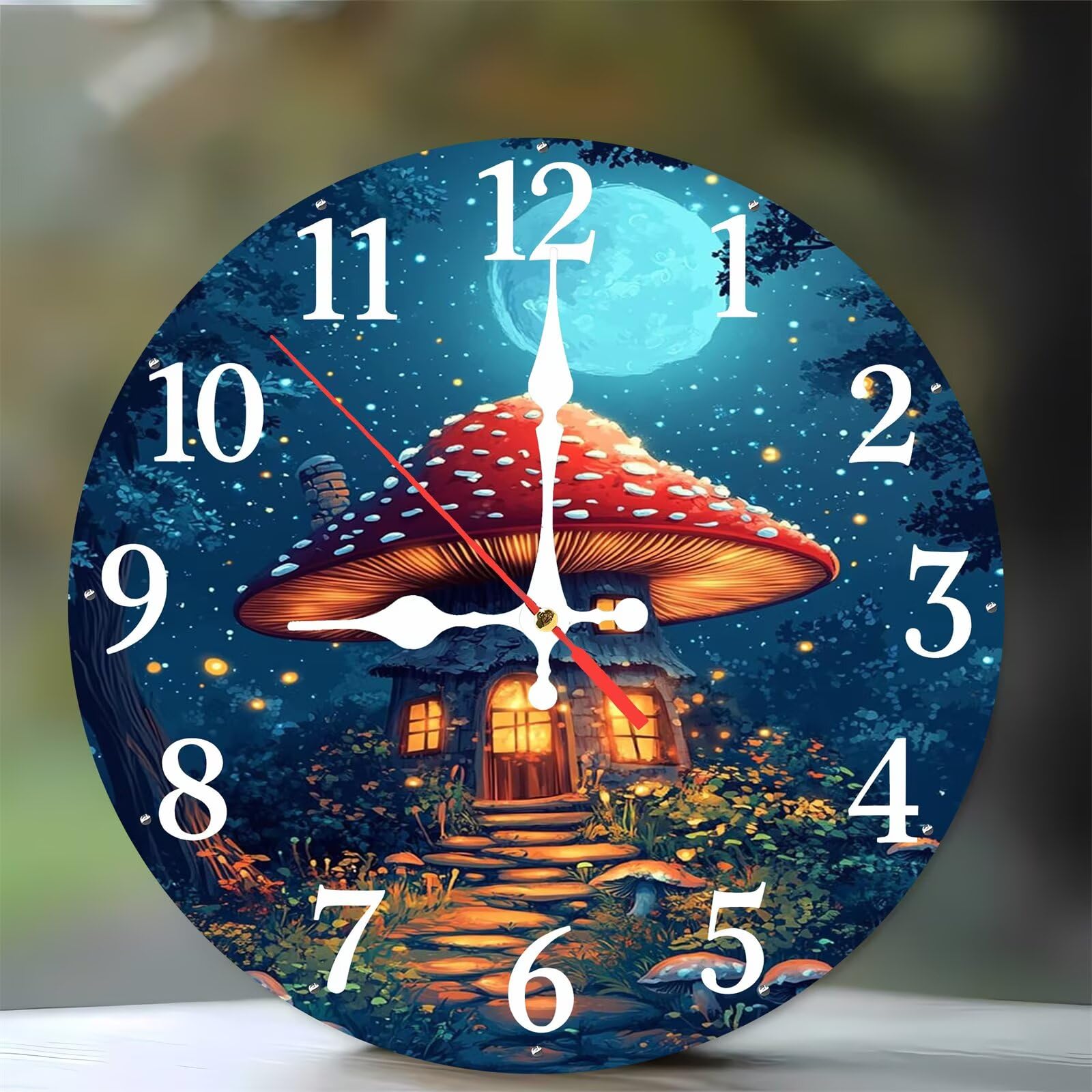 Horloge murale en bois de 35 cm silencieuse motif lune et champignons pour salon