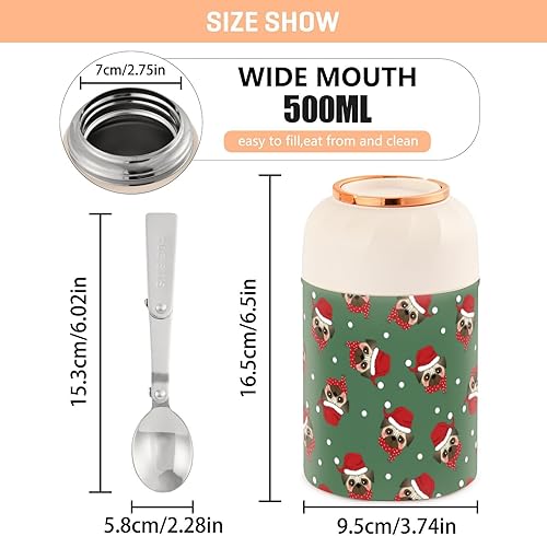 Miniatura 3 de MCHIVER Pug Christmas Claus Dog Food Jar with Spoon Stainless Steel Vacuum Insulated Food Container 17 oz Thermos for Hot Food