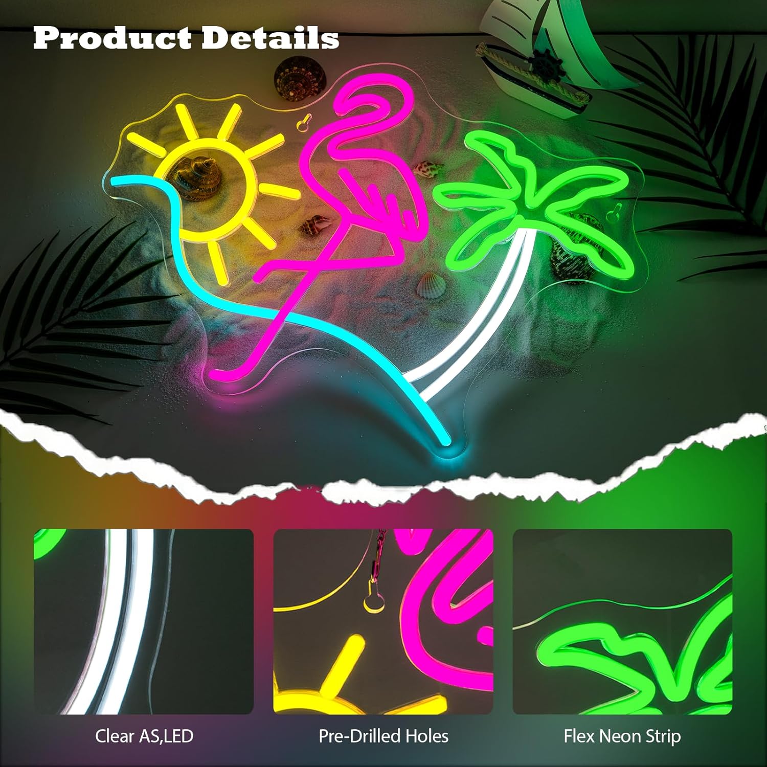 Flamingo Sun Palm Tree Neon Signs for Wall Decor Funny Dimmable LED Neon Light Sign USB Powered for Home Bar Cart Summer Beach Restaurant Man Cave Decor Beer Cafe Bistro Club Party - Image 3