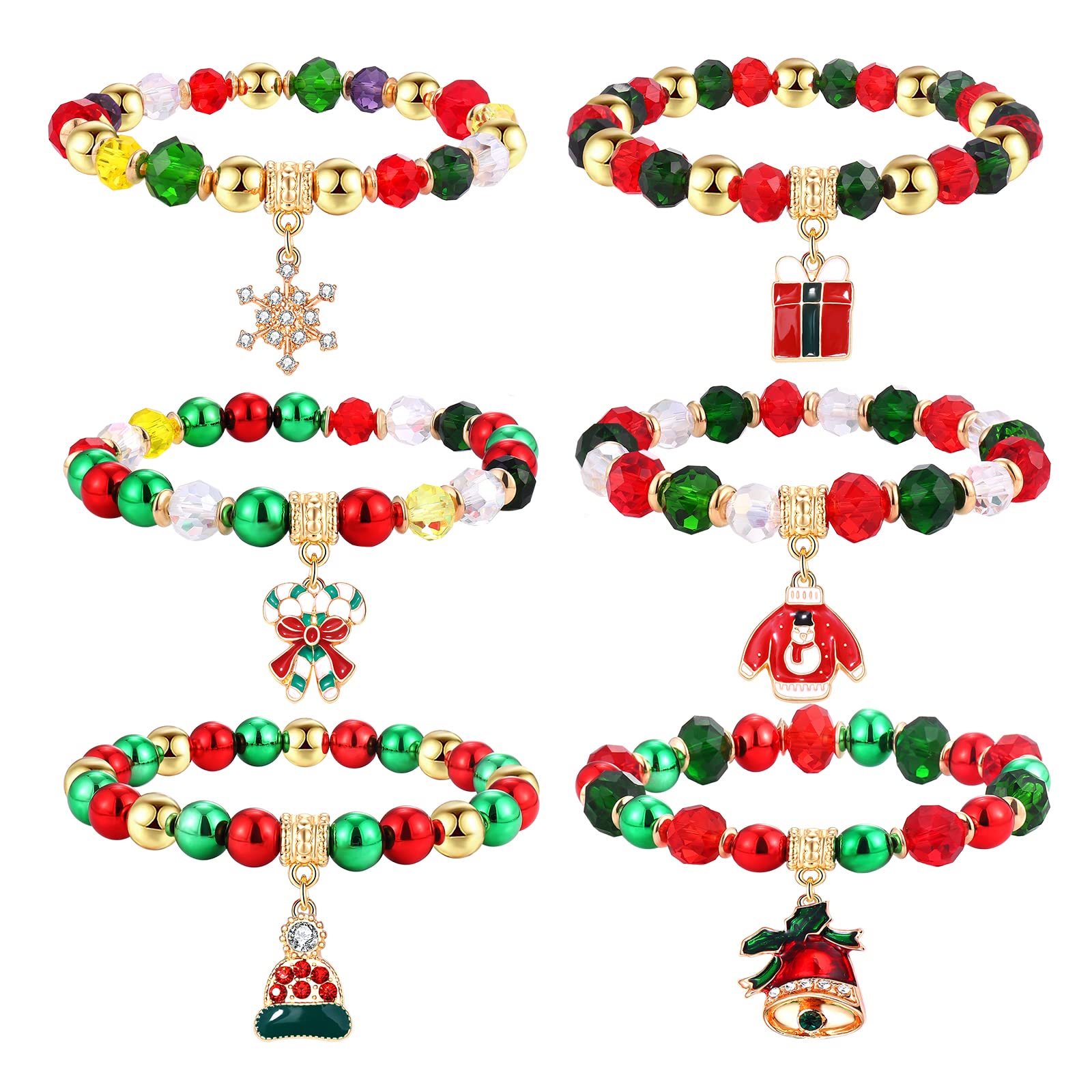 boderier 6 Pack Christmas Beaded Bracelet Set Snowflake Jingle Bell Charm Bracelet Xmas Holiday Costume Beaded Stretch Bracelet for Women Party Gifts