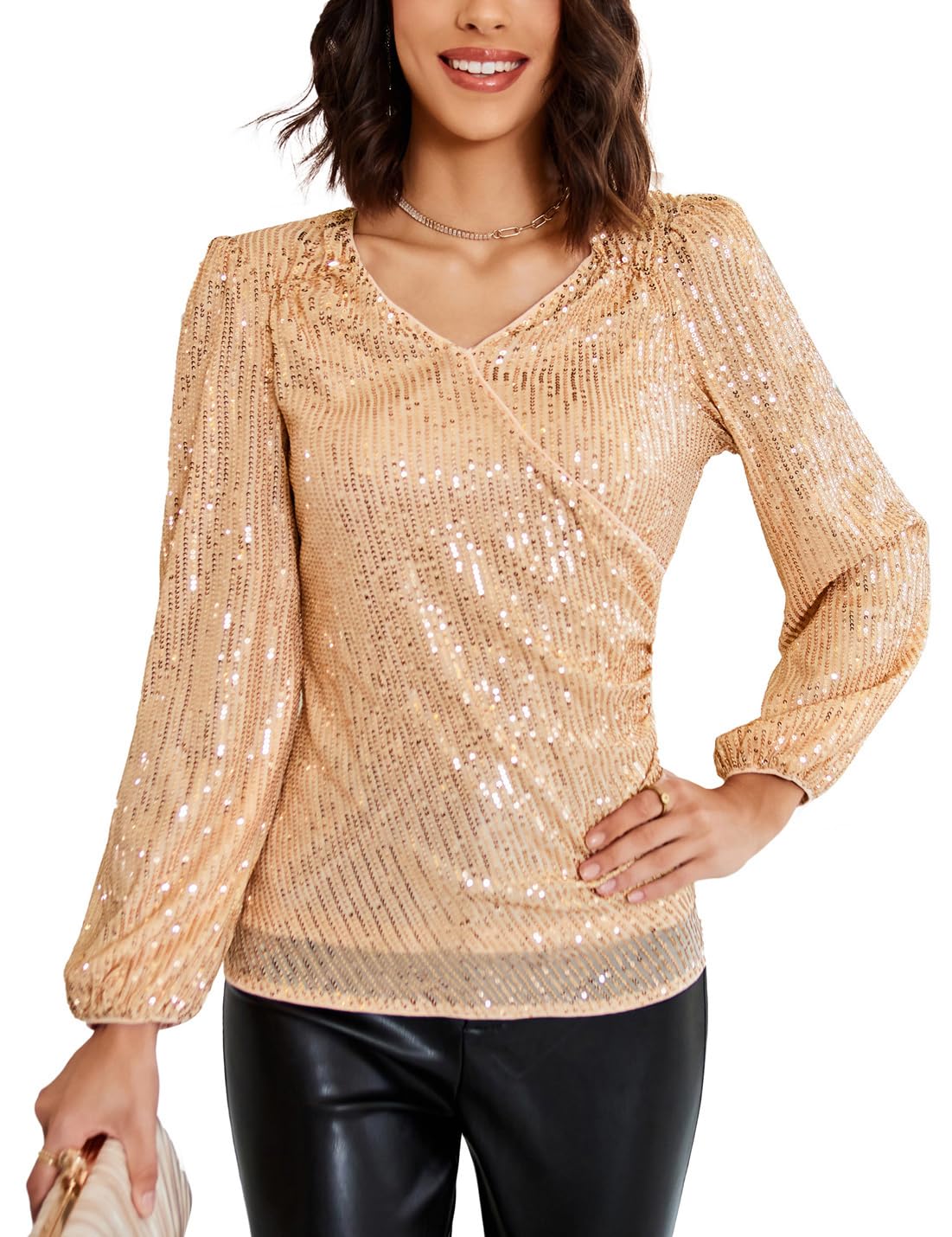 GRACE KARINWomens Sparkly Sequin Top Long Sleeves Glitter Blouse V Neck Ruched Sparkle Dressy Party Club Tops