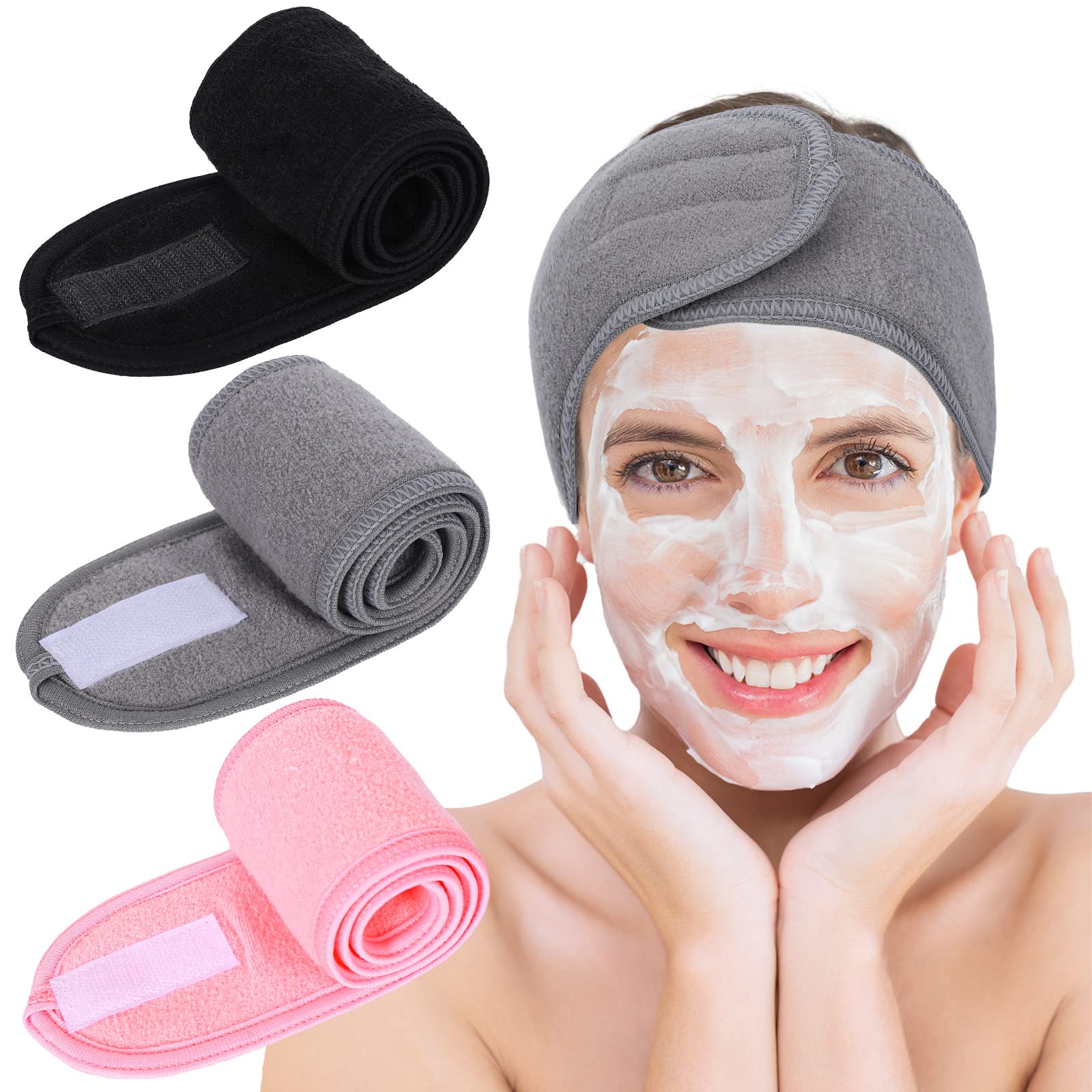 Whaline Spa Facial Headbands 3 Pieces Make Up Wrap Head Terry Cloth Headband Soft Adjustable Towel Band for Face Washing Shower Facial Cover Yoga(Black, Pink, Gray)