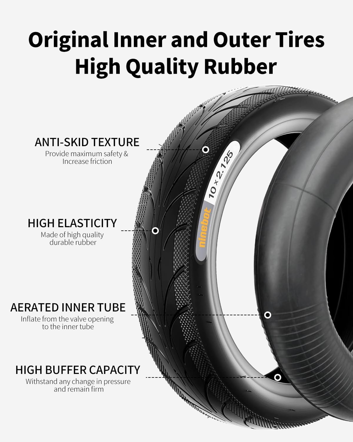 10x2.125 Outer Tire Inner Tube Compatible with Ninebot by Segway Kickscooter F25/F30/F40/F65/D18W/D28U10 Inch Non-Slip Tyre Original Inflatable Inner and Outer Tires(10x2.125 Outer Tire + Inner Tube)