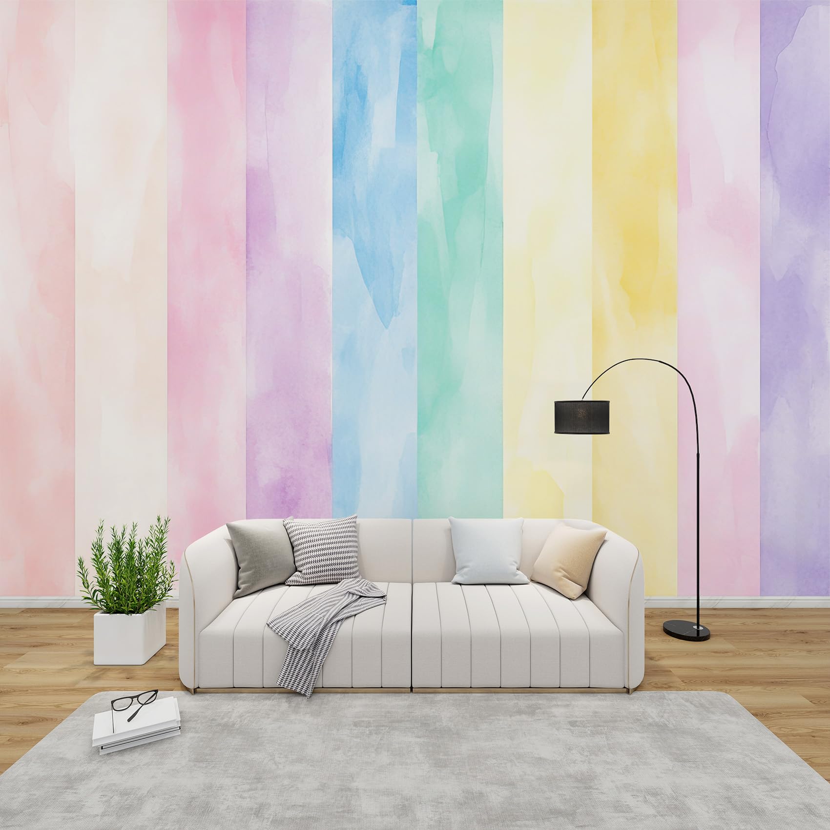QEODAH Ombre Mural Wallpaper for Living Room, Rainbow Gradient Wall Art for Bedroom, Girls Pastel Stripe Wall Murals for Bedrooms, Renter Friendly Removable Waterproof Photo Wallpaper 3D, 300x210 cm