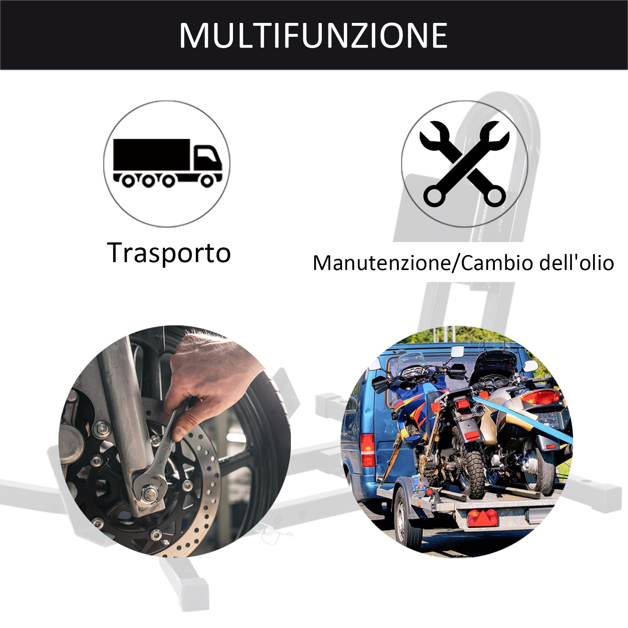 HOMCOM Cavalletto Moto Regolabile su 3 Livelli 250kg Max 60x55x43 cm Nero | Cavalletto Alzamoto, in Metallo con Fori