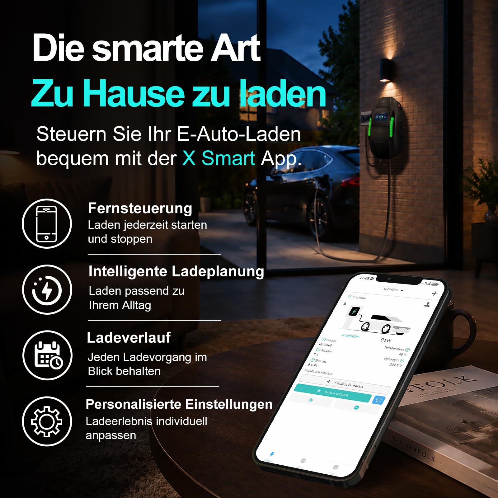 Wallbox 11kW, 16A 400V 3-Phasen Ladestation für EV, mit WLAN, Bluetooth & App Steuerung, Typ 2 Ladekabel 6m, RFID & Plug-and-Charge, IP65, CEE Stecker Schwarz 6m