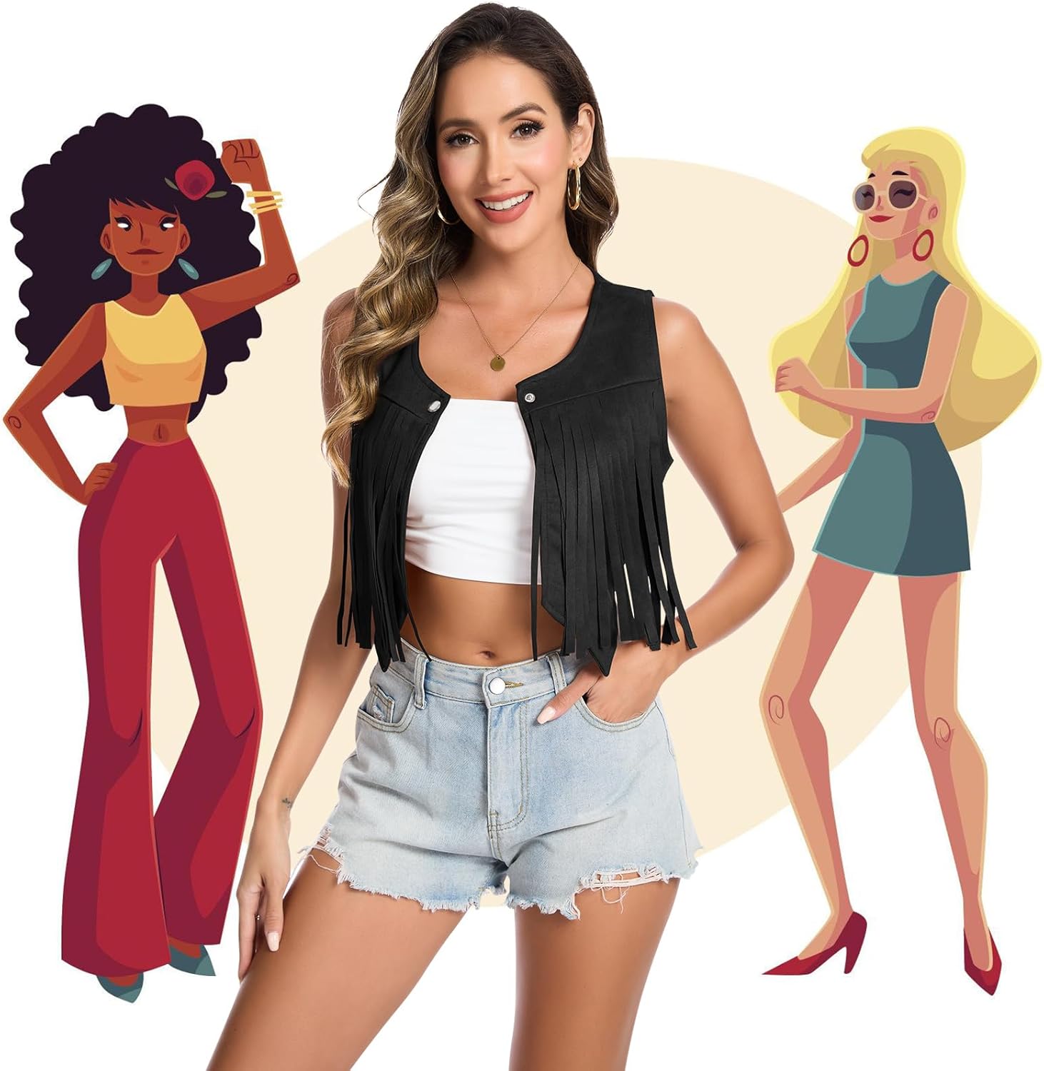 Women's 70s Hippie Vest Disco Outfits Fringe Vest 60s Faux Suede Sleeveless Tassel Cowgirl Jacket Party Halloween - Image 5