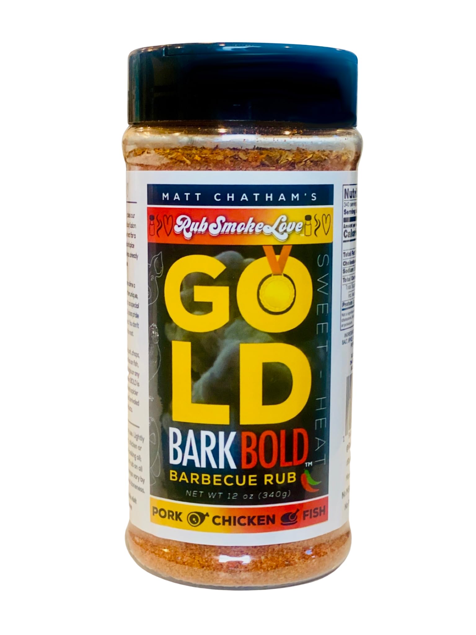 Rub Smoke Love Gold Bark Bold BBQ Rub - Chipotle and Jalapeño Spiced All-Purpose Rub and Seasoning for Pork, Chicken and Fish - Perfect for Flavorful Heat Smoking and Grilling - (12 oz) - by Matt Chatham