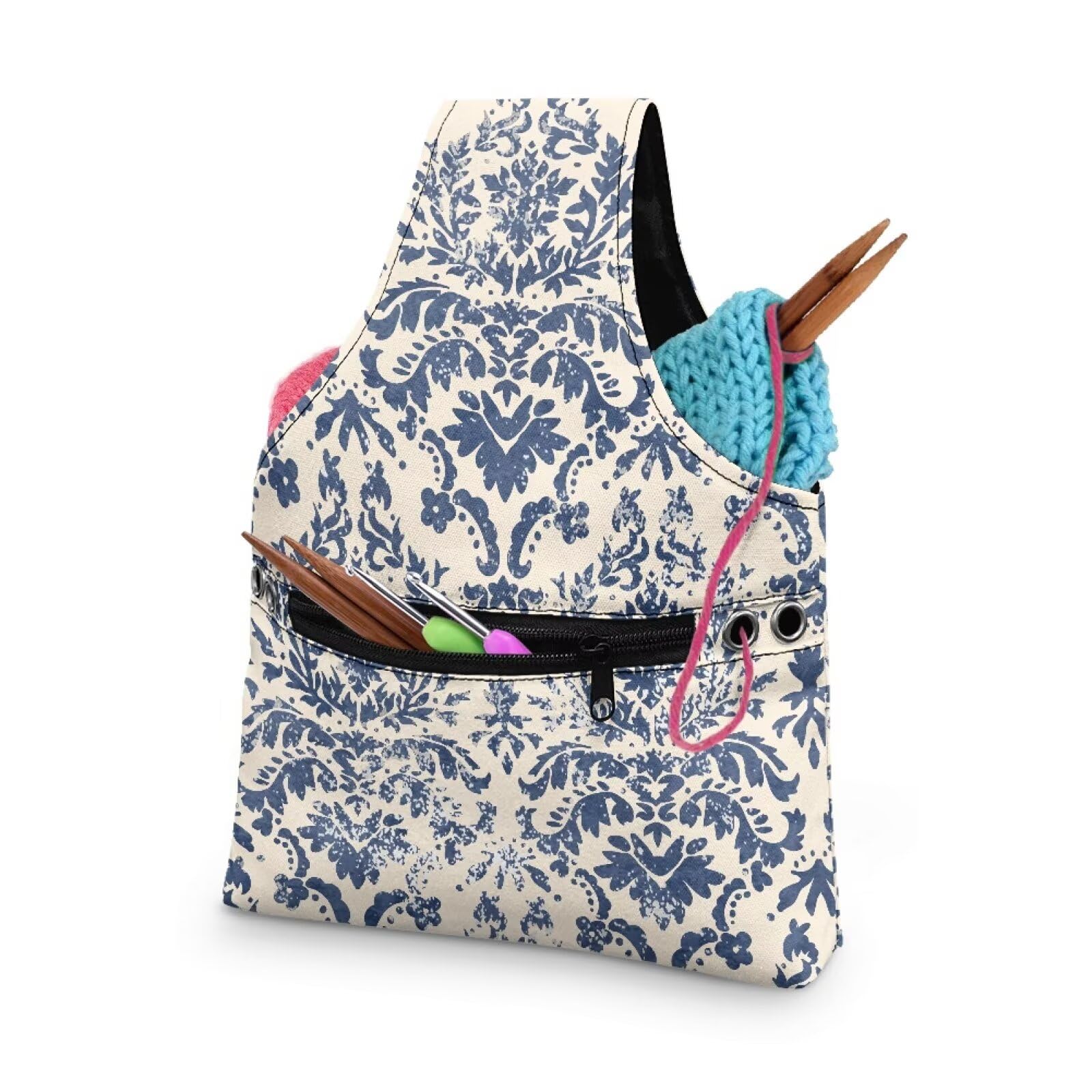 ZUXONGSYDamask Knitting Project Bag Lightweight Retro Yarn Bags for Crocheting on The Go Knitting Handbag Yarn Storage for Crocheting Holding Yarn Crochet Hooks Crochet Needles