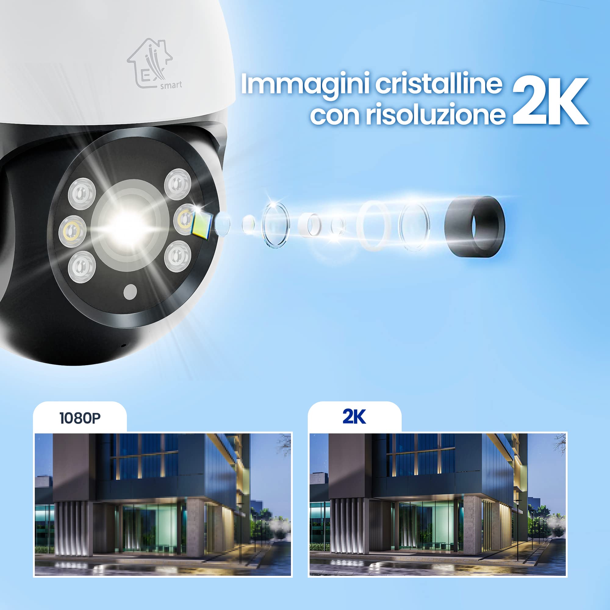 Videocamera sorveglianza esterno wifi, 1296p, PTZ, telecamera wifi esterno, IP65, Modalità notturna a colori, ampio angolo, camera wifi con tracciamento intelligente, scheda MicroSD fino a 128GB