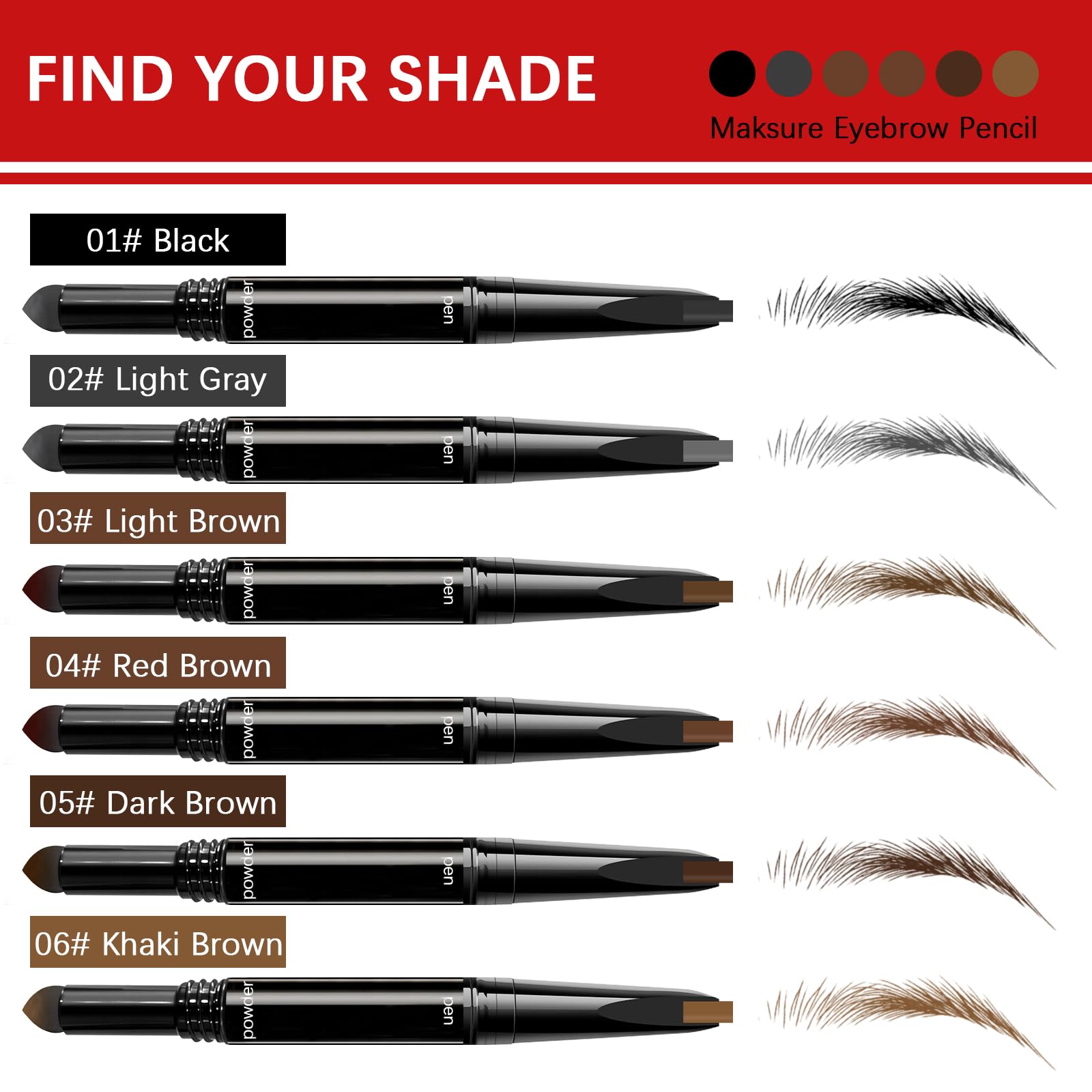 Browcharm Microblading-Augenbrauenstift, 0,1 mm ultrafeine Spitze, 3-in-1 wasserdichter Augenbrauenstift, mit Augenbrauenpuder und Augenbrauenpinsel, haarähnliche Striche, Formen, füllt