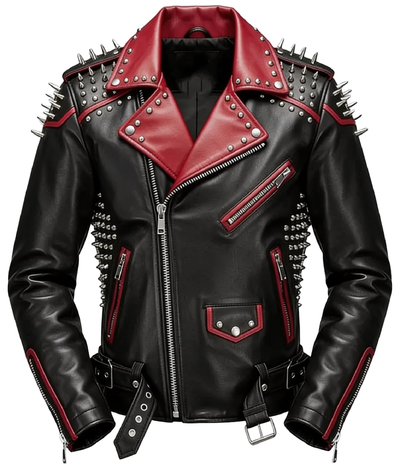 Giacca da motociclista nera e rossa da uomo, con borchie, stile gotico, slim fit, punk, rock, Halloween, capispalla