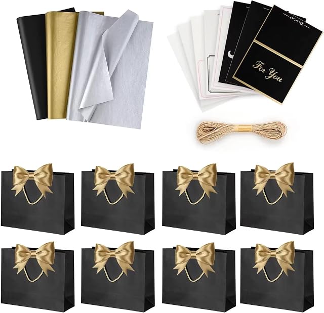 8 Pcs Paper Gift Bags, Portable Black Gift Bag with Golden Ribbon and 8Pcs Greeting Cards,9 Pcs Gift Wrap Paper, Present Bag for Weddings, Boutiques, Birthday, Christmas and Holiday Celebrations