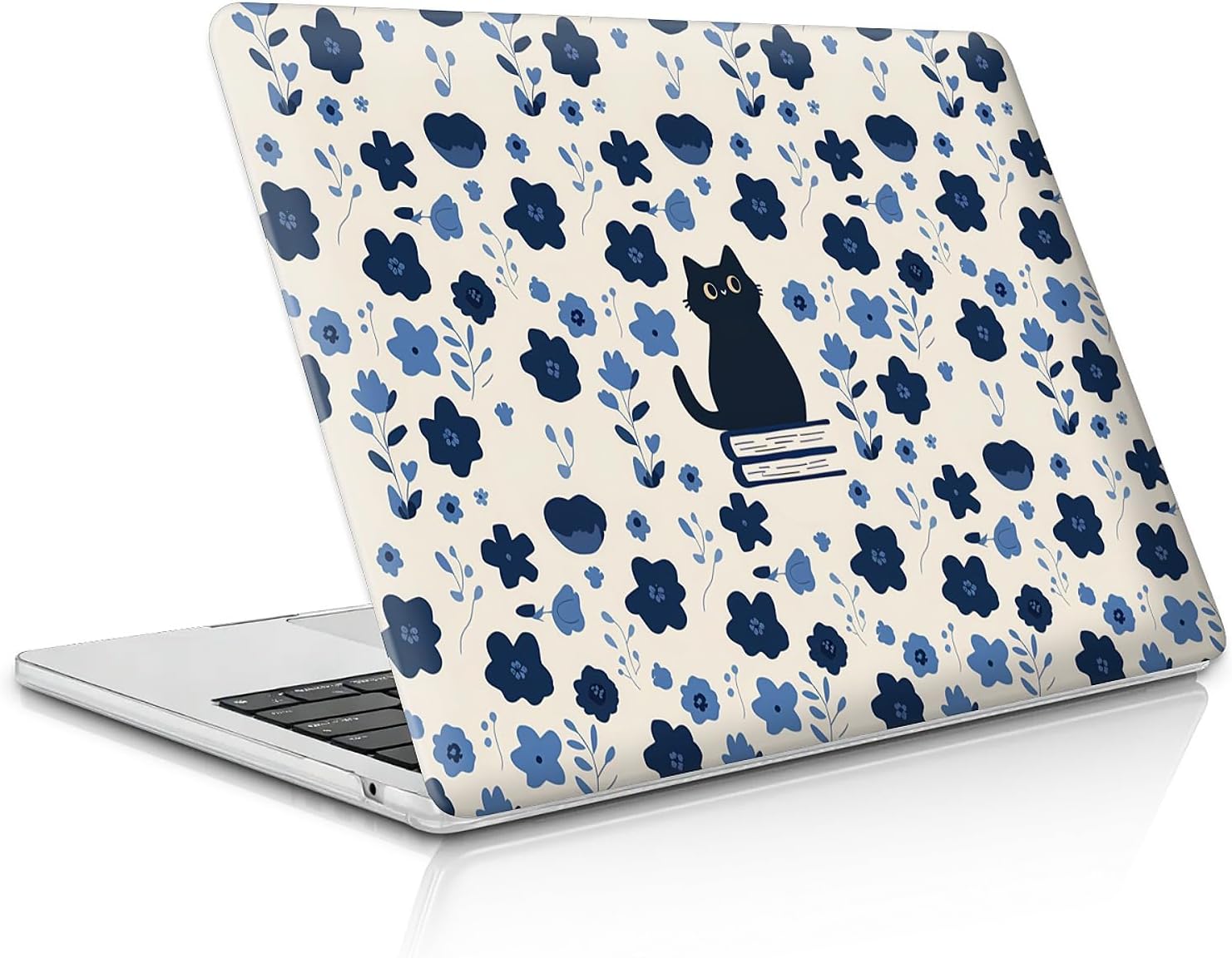 for MacBook Air 15 Inch Release 2023 Model A2941/A3241 M2 Chips Clear Computer Case,Novelty Premium Pattern Hardshell Laptop Case Blue Flowerbone Cat Book