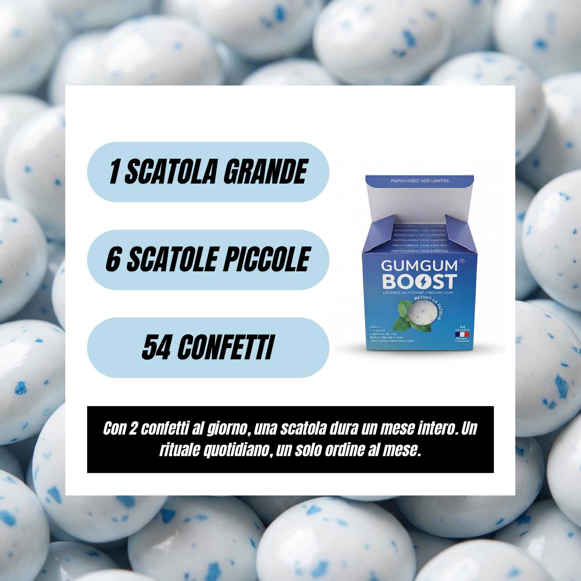 Gumgum Boost - Masticare Gum Energizzante Senza Zucchero con Vitamine B6 & B12 – Caffeina Naturale & L-Teanina – Energia, Concentrazione & Vigilanza – Gusto Menta Fresca – Integratore Vegano – 54