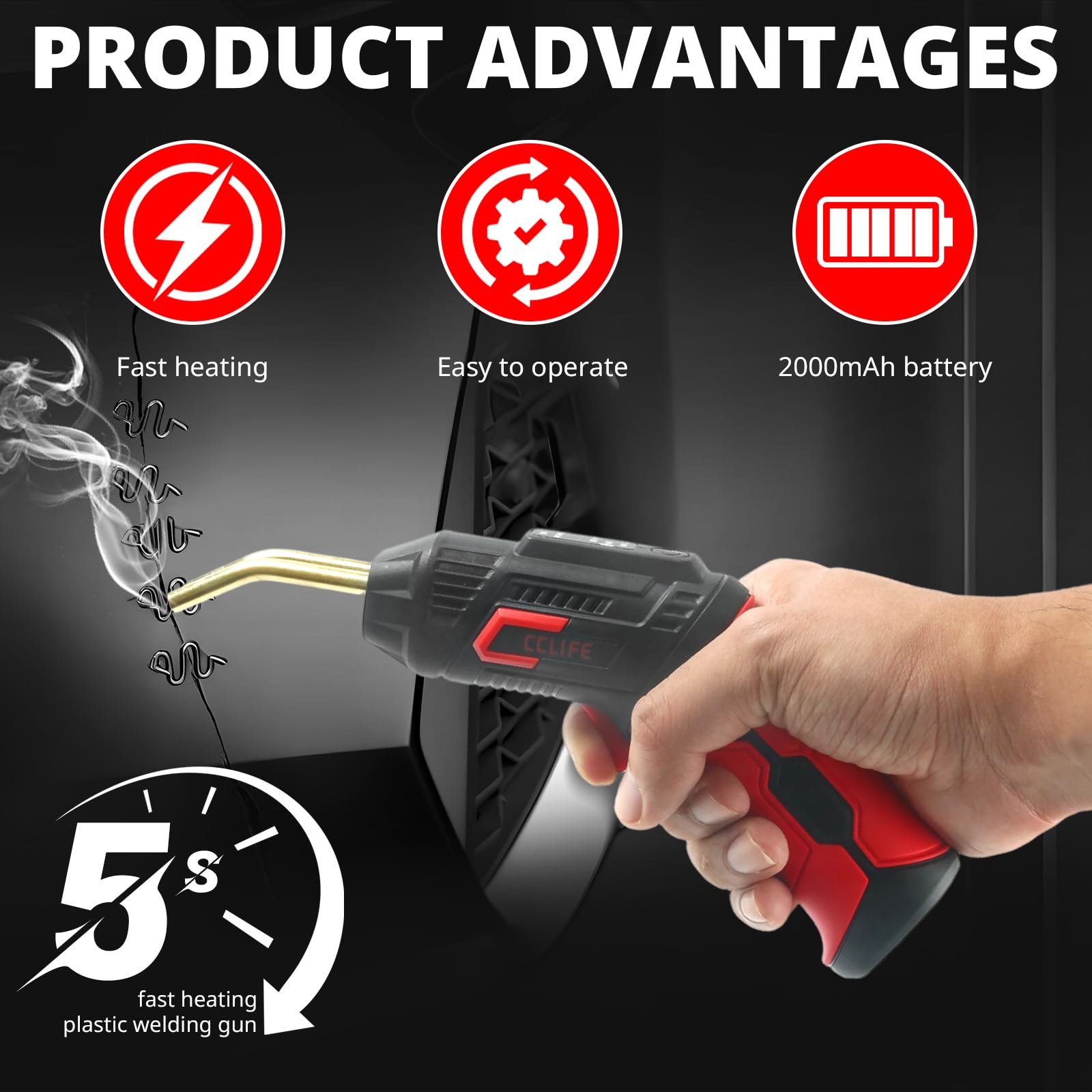 CCLIFE 40W Kunststoff Schweißgerät, Reparatur Werkzeug für Auto Stoßstange | USB-Ladekabel , 2000mAh, 200 Edelstahl Heftklammern (4 Typen), 5s Vorheizung