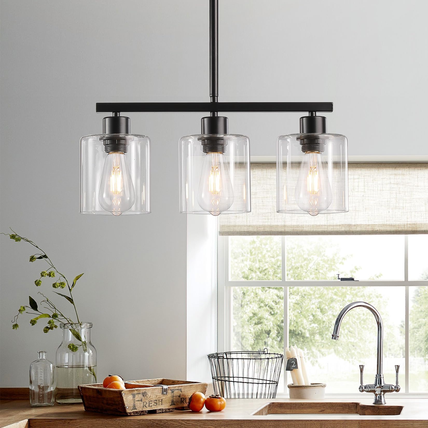 Photo 1 of ROCUNSI 3-Light Kitchen Island Lighting, Black Pendant Light Fixture, Farmhouse Dining Room Light Fixtures Over Table, Modern Hanging Light Fixtures with Clear Glass, E26 Base, Bulbs Not Included