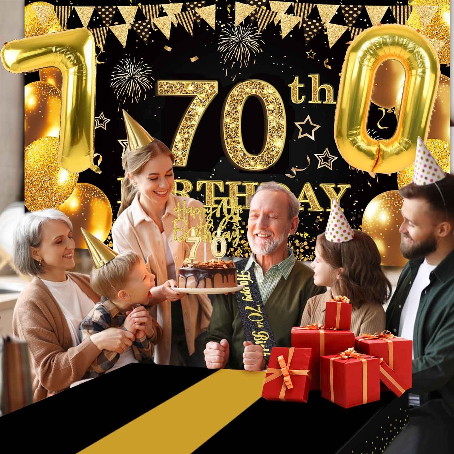 70th Birthday Decorations Men Women with 70th Birthday Banner, Black and Gold Table Cloth,Number Balloons, Large Sash, Cake Topper and Candles - Image 2