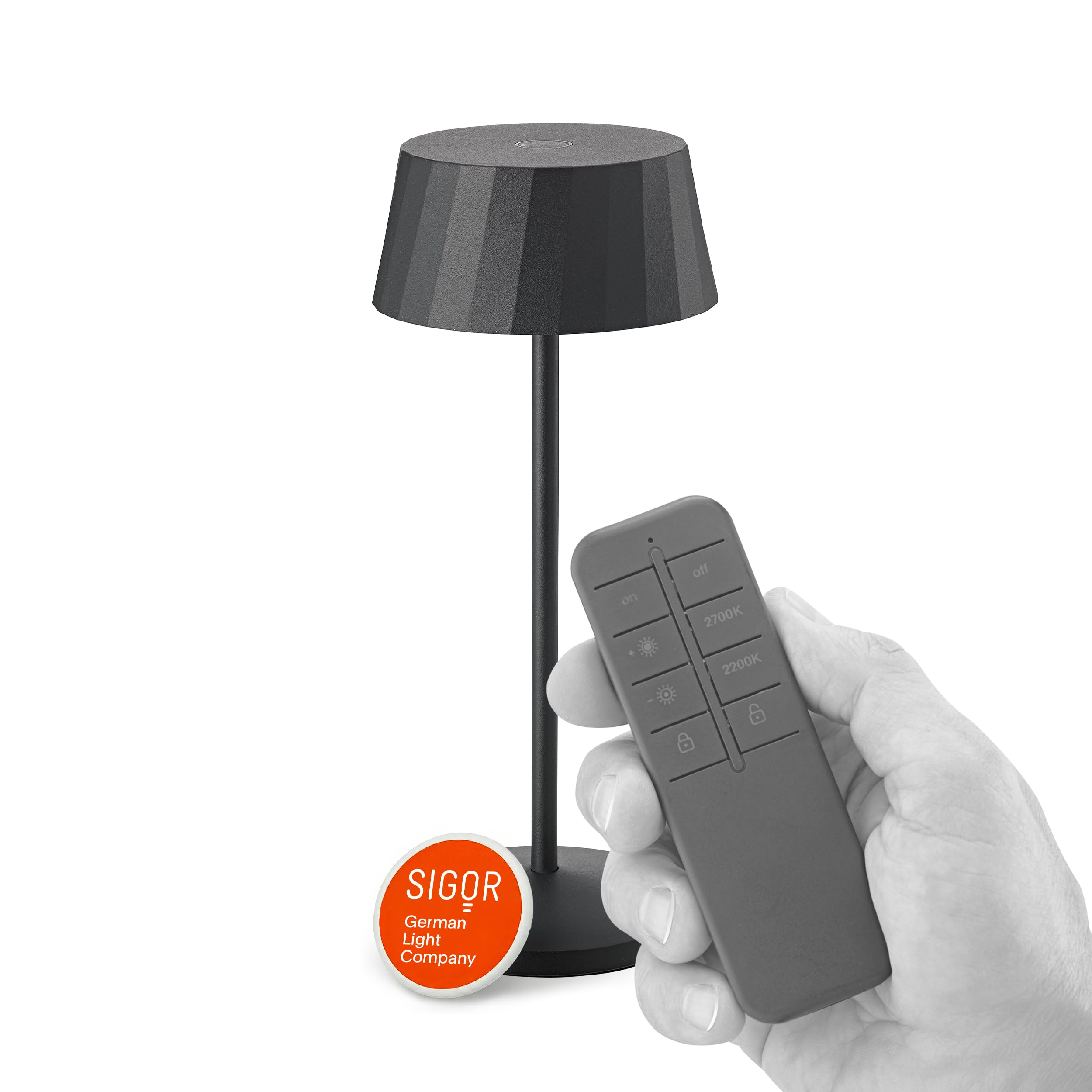 SIGOR Facetta Remote nachtschwarz - LED Akku-Tischlampe dimmbar & kabellos mit Fernbedienungsfunktion, FlexMood (2200K/2700K), bis 12h Leuchtdauer, USB-C Ladefunktion, IP44 Outdoor & Indoor
