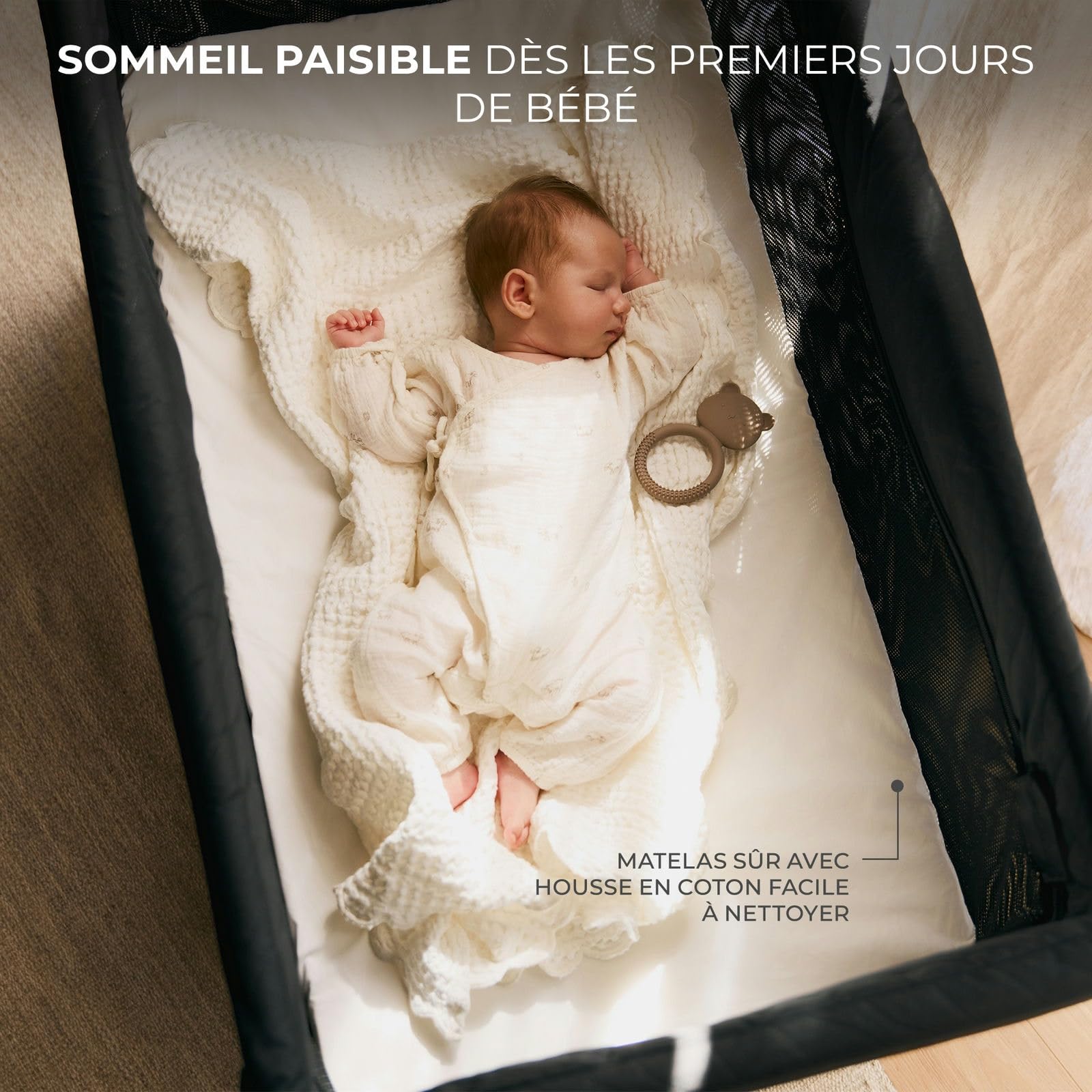 KINDERKRAFT Moon Dream, Lit de Voyage de la Naissance jusqu'à 3 Ans, lit superposé pour bébé, se Plie Rapidement d'une Seule Main, Matelas et Sac de Transport Inclus, Nettoyage Facile, Noir