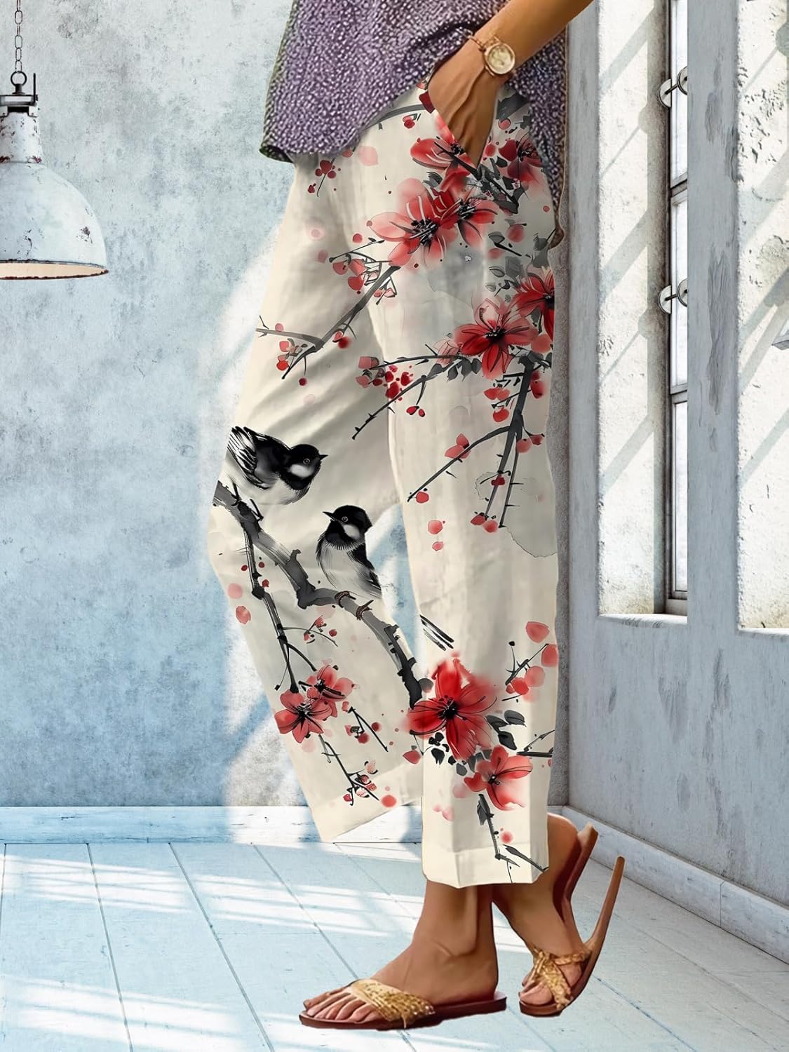 Women's Boho Floral Print Straight Leg Pants High Waist Elastic Baggy Trousers Summer Vacation Beach Pants with Packet - Image 3