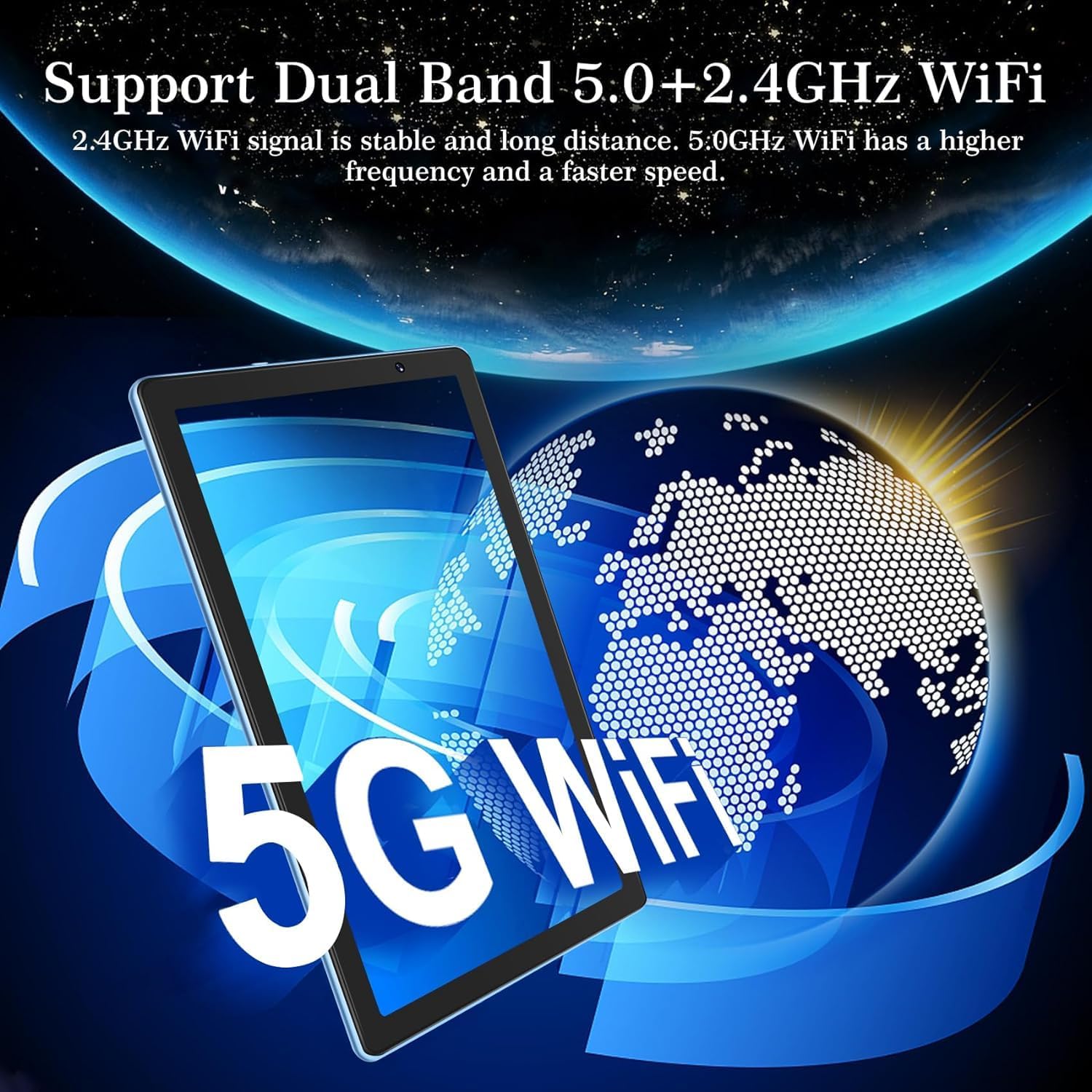 Diagram illustrating Dual Band 5.0+2.4GHz WiFi support on the BIEGEDY Tablet.