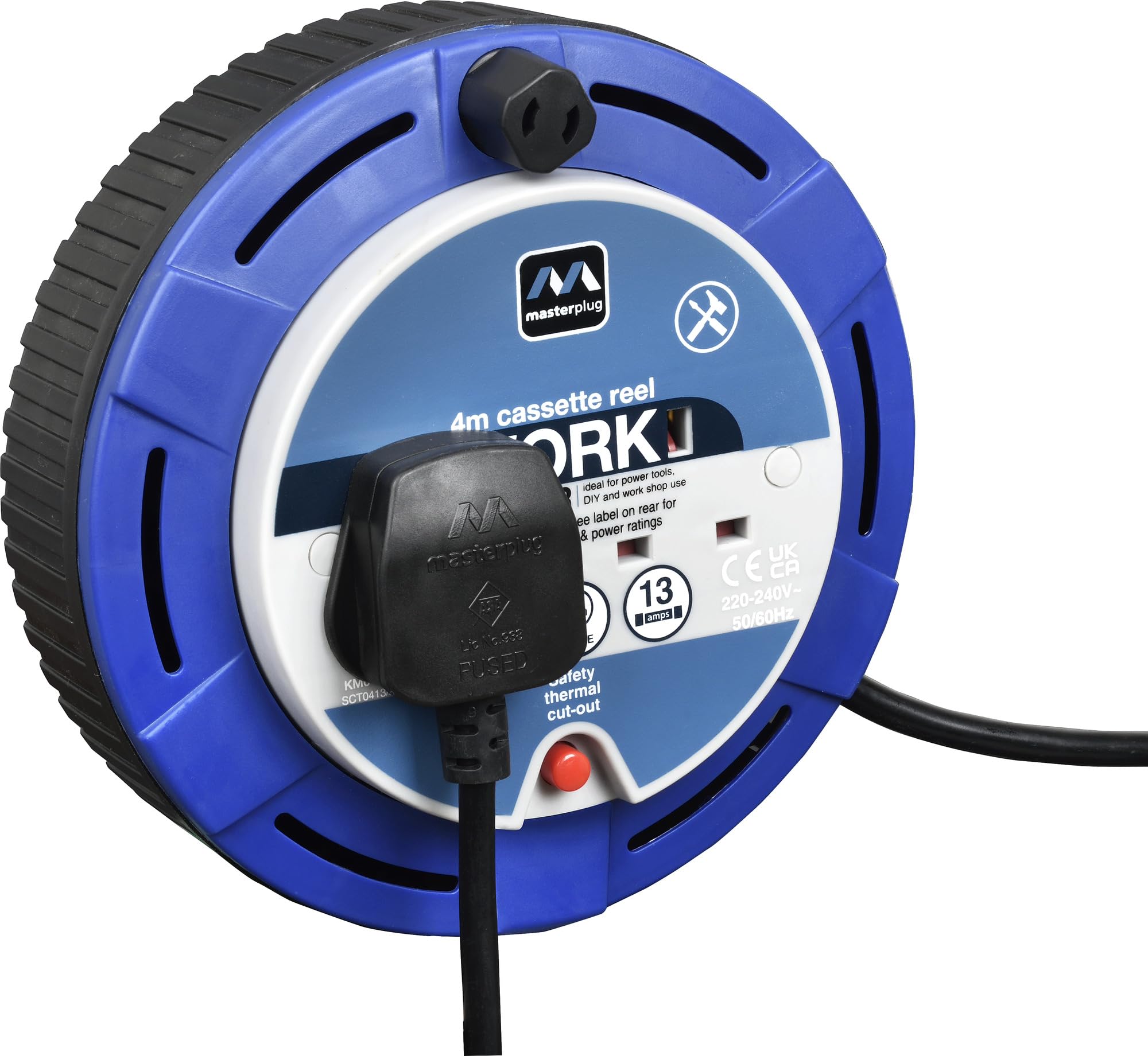 Masterplug Two Socket, 4 Metre Cassette Reel, Small Extension Lead Cable Reel, Wind-Up Retractable Power Cord Reel, Thermal Cut Out, Work Power, Blue/Black, 13A, 2G, 4m, SCT0413/2BL
