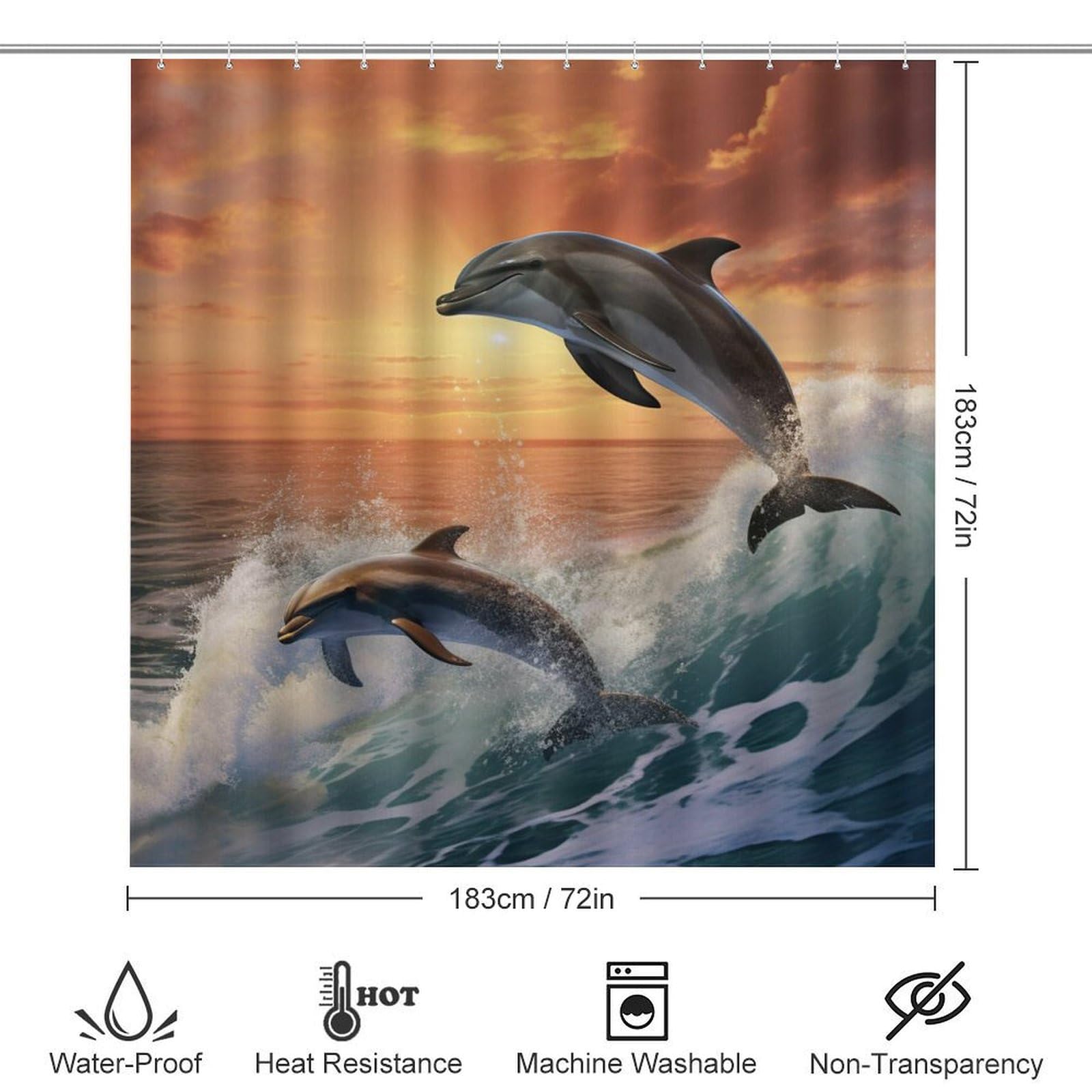 Dunmat 4 Pieces Jumping Dolphin Shower Curtain Set Sunset Colorful Sky Ocean Animal Bathroom Decor Sets with Rugs Bathroom Accessories Set Bathroom Curtain Shower Set with 12 Hooks