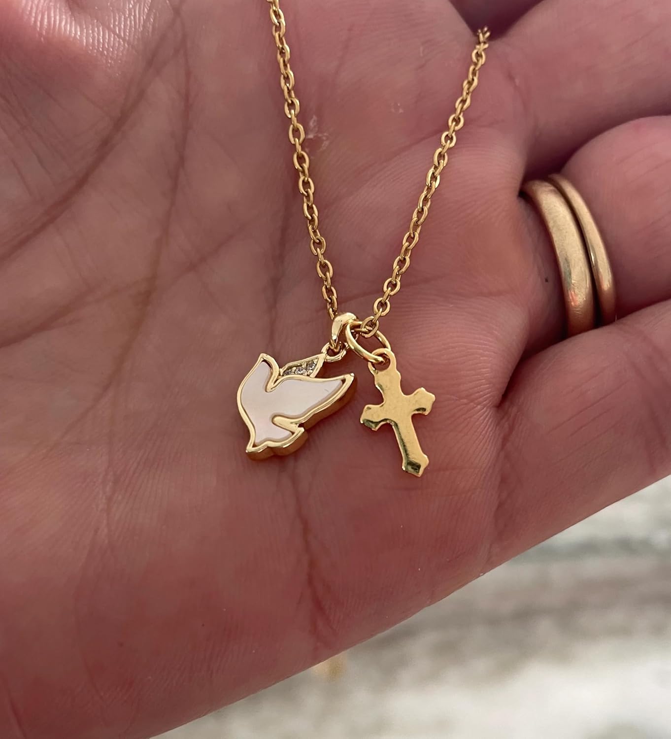 Gold Peace Dove Necklace with Cross – Pearl Enamel Holy Spirit Charm Pendant – Confirmation Jewelry, Baptism Gift, Christian Religious Necklace for Women & Teens, Personalized Faith Jewelry - Image 2