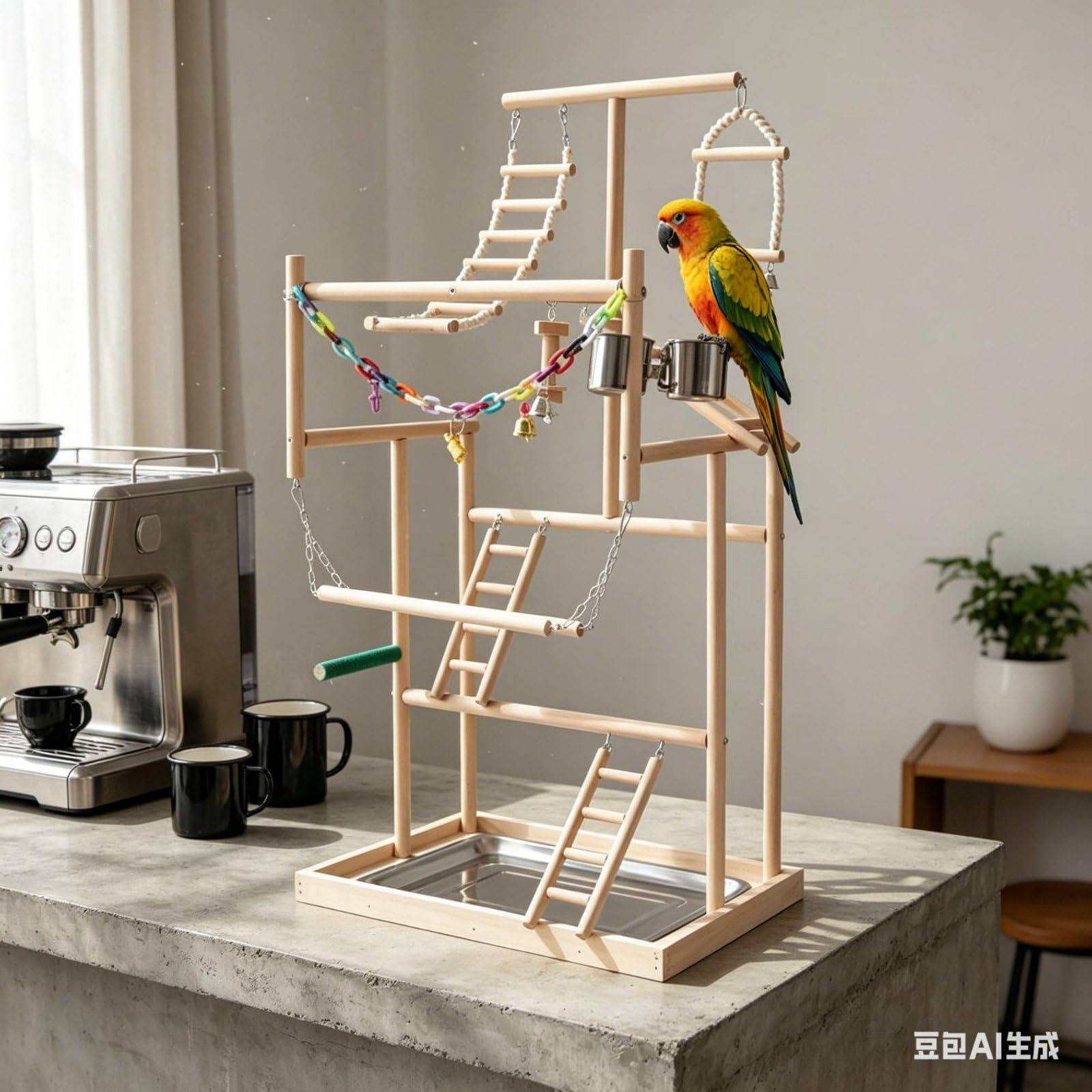 Colcolo Perchoir pour Oiseaux Support d'Entraînement Échelle Parc d'Activités en Bois Métal Plastique avec Accessoires Interactifs Convient à Détente et Exercice Quotidien Cage et Plan de Travail