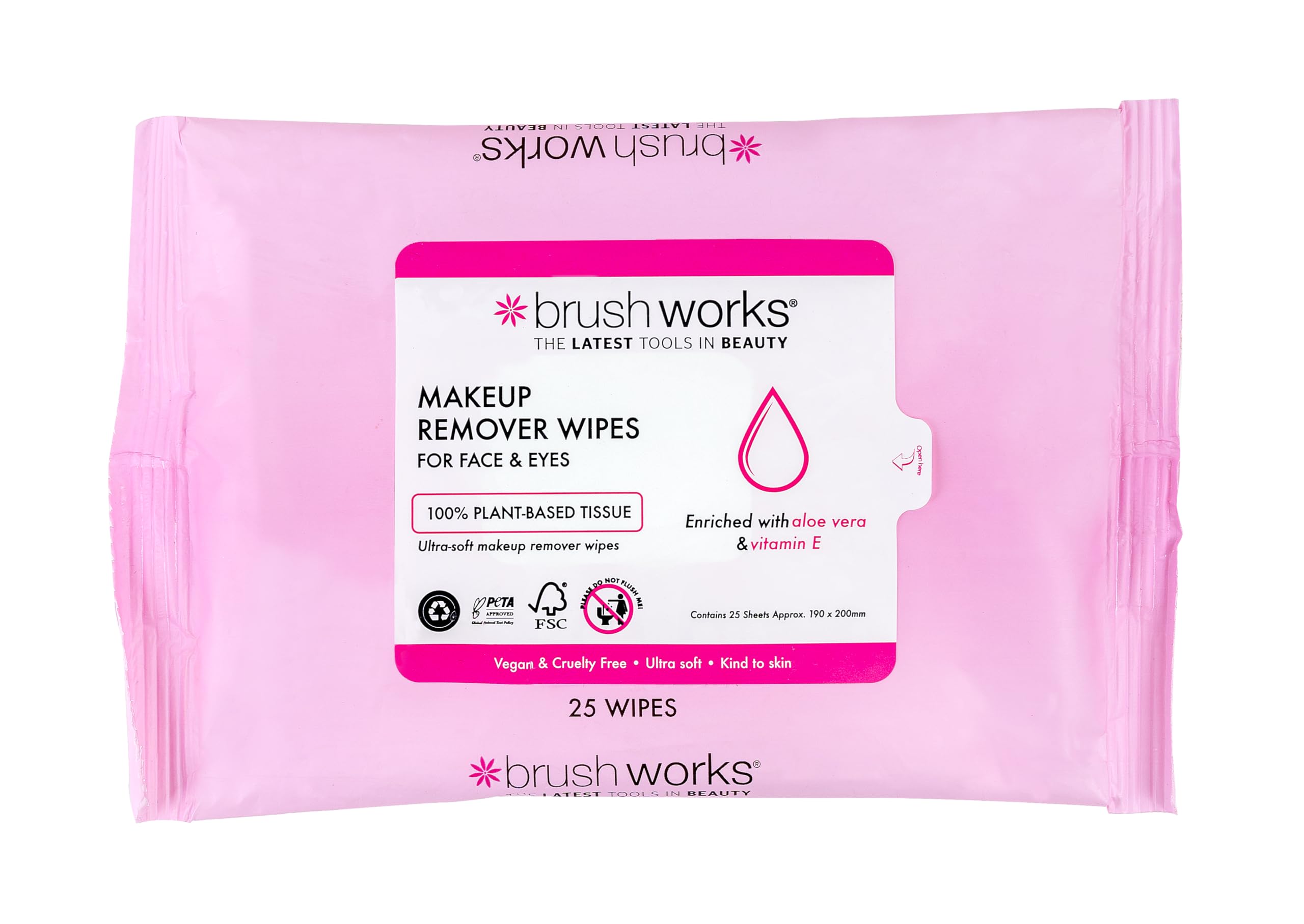Brushworks Makeup Remover Wipes – 25 Ultra Soft & Gentle Facial Wipes with Aloe Vera & Vitamin E, Vegan & Cruelty-Free