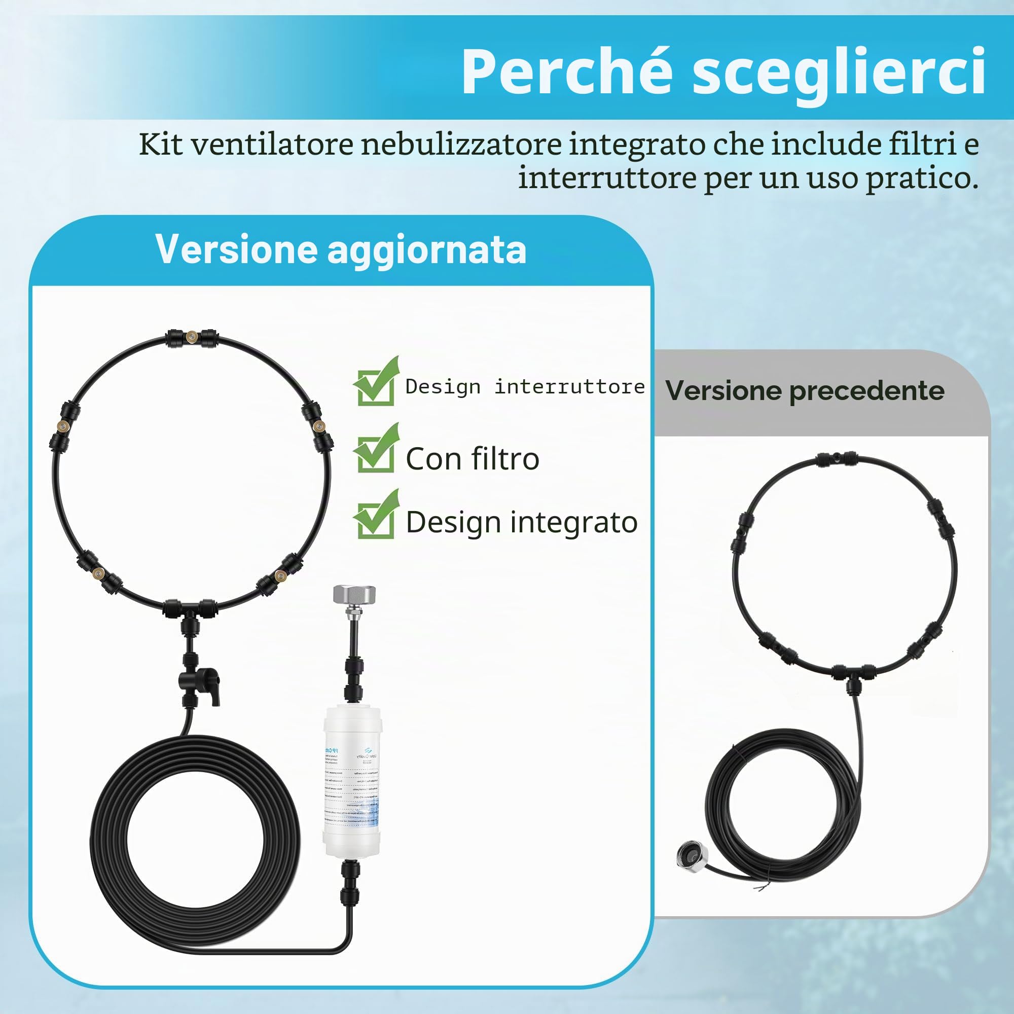 Kit di ventilatore da esterno con nebulizzazione Enhon con filtri, linea di nebulizzazione da 10 m, 5 ugelli in ottone, ventilatore refrigerante con valvola di intercettazione per brezza da patio