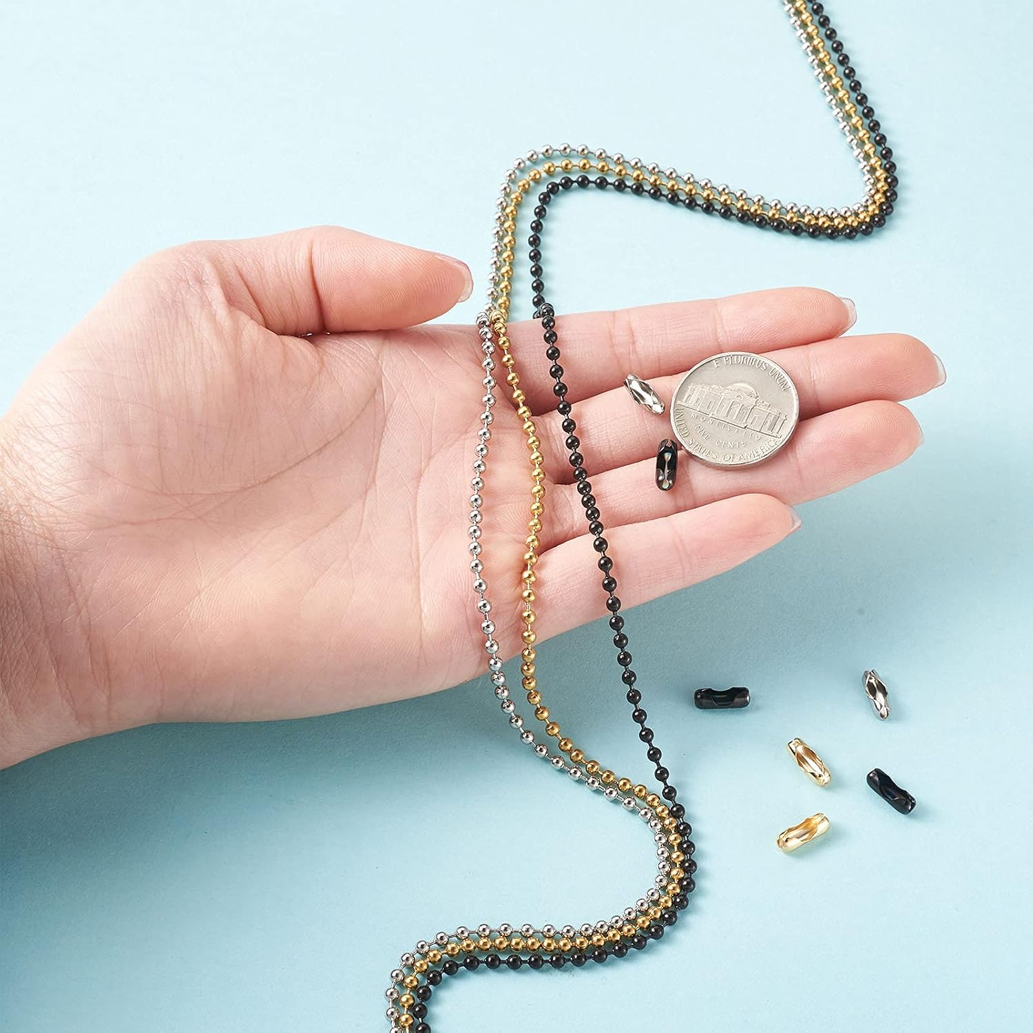 Craftdady 2.4mm Stainless Steel Ball Bead Chains 3 Colors Round Beaded Link Cable Chains Pull Chain Extension with Connector for Necklace Bracelet Earring Jewelry Making, Total 32 Feet