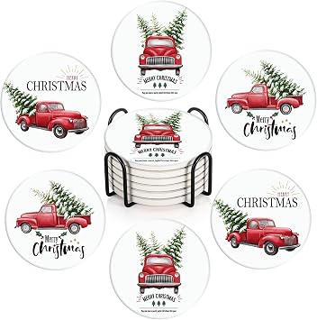Britimes Coaster Set of 6, Christmas Red Vintage Tree Truck Absorbent Round Stone Drink Mat, with Cork Base and Metal Holder, Gift for Housewarming Room Bar Decor