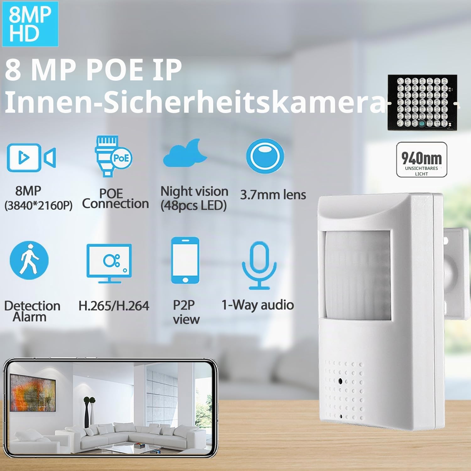 UltraHD 4K (8MP) POE IP Kamera Audio,PIR 940nm IR LED IR Nachtsicht CCTV Cam mit Mikrofon, 3.7mm Objektiv Indoor Sicherheitskamera P2P H.265 Bewegungserkennung (IPIR-P-A-HS82 Weiß)