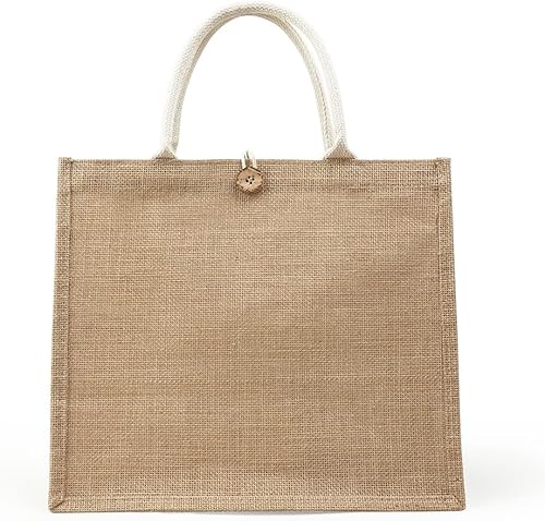 JBB Burlap Jute Tote Bag Straw Shoulder Bag Reusable Grocery Bag With Buttons Beach Travel Shopping Bag