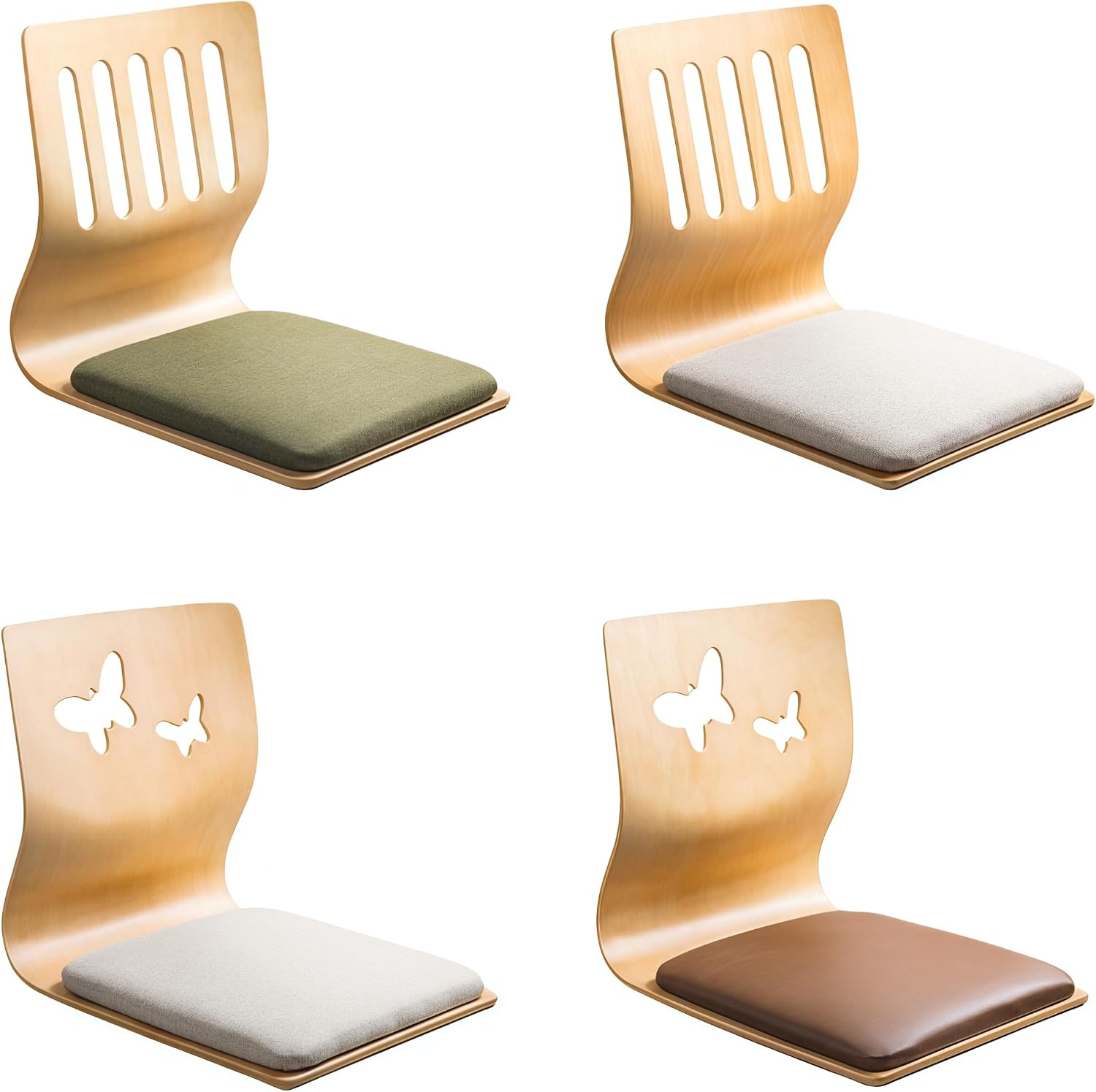Floor Chair with Back Support Wooden Stool 4 PCS | Ergonomic Curve Design, Japanese Tatami-Style Seating , No Legs Design , Suitable for Game Room, Living Room, Office