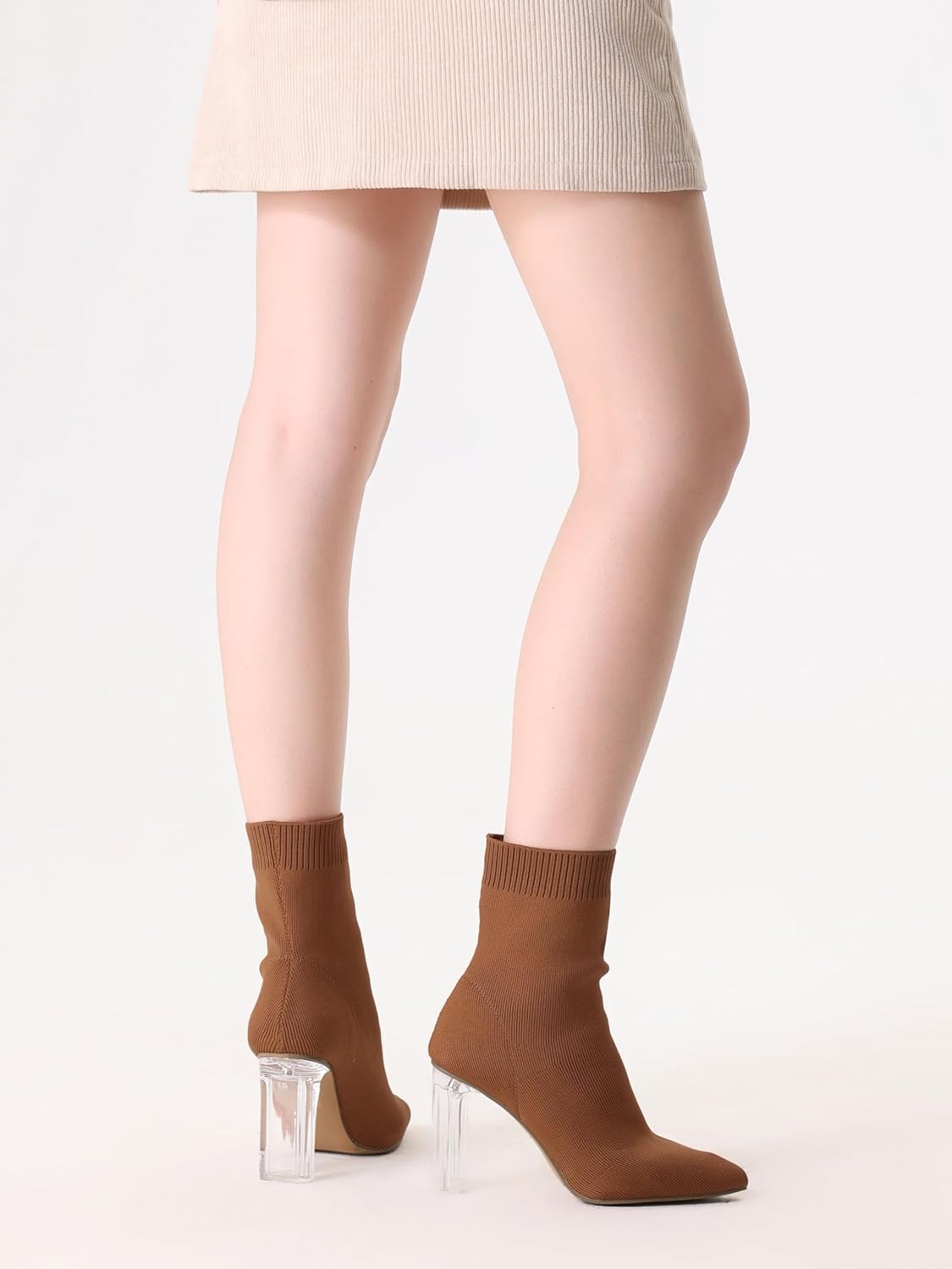 Shoe'N Tale Women's Knit Sock Ankle Boots Pointed Toe Clear Mid Heel Slip-on Stretch Booties Shoes