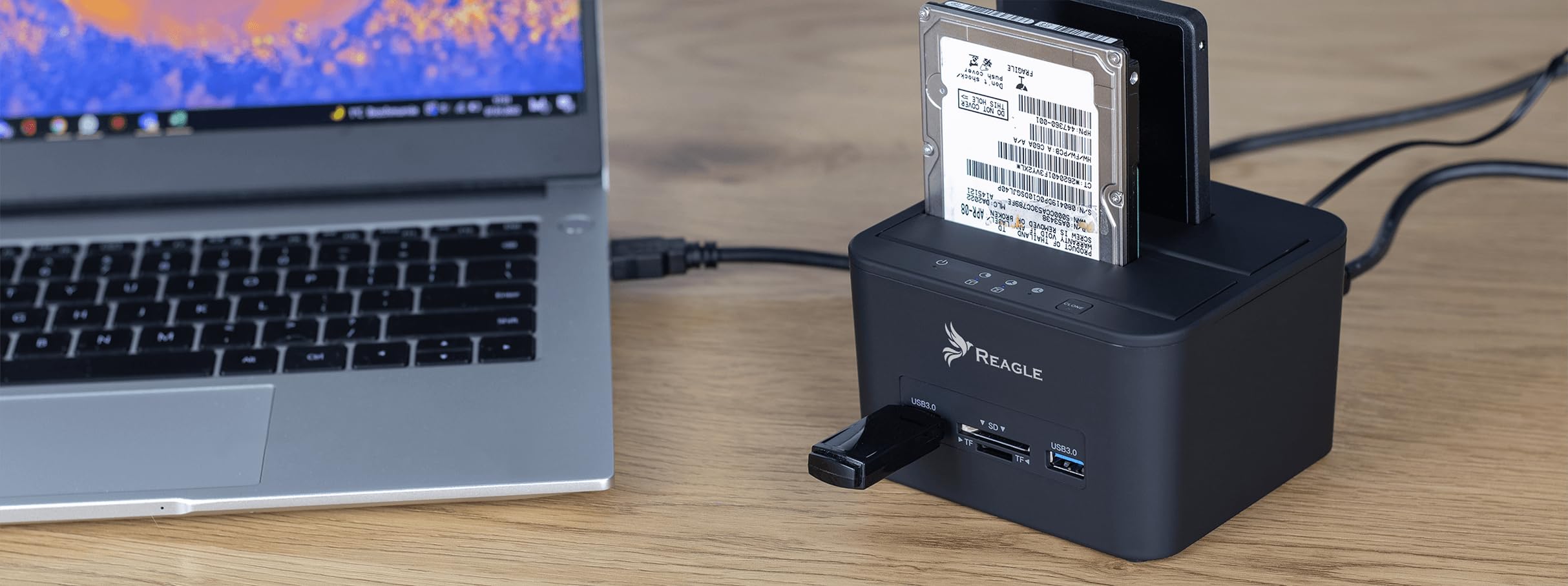 Reagle Dual Bay Stacja dokująca do HDD/SSD, obsługa 32 TB, USB 3.2 Gen 1, czytnik kart, klonowanie offline, kompatybilna z Windows/Mac