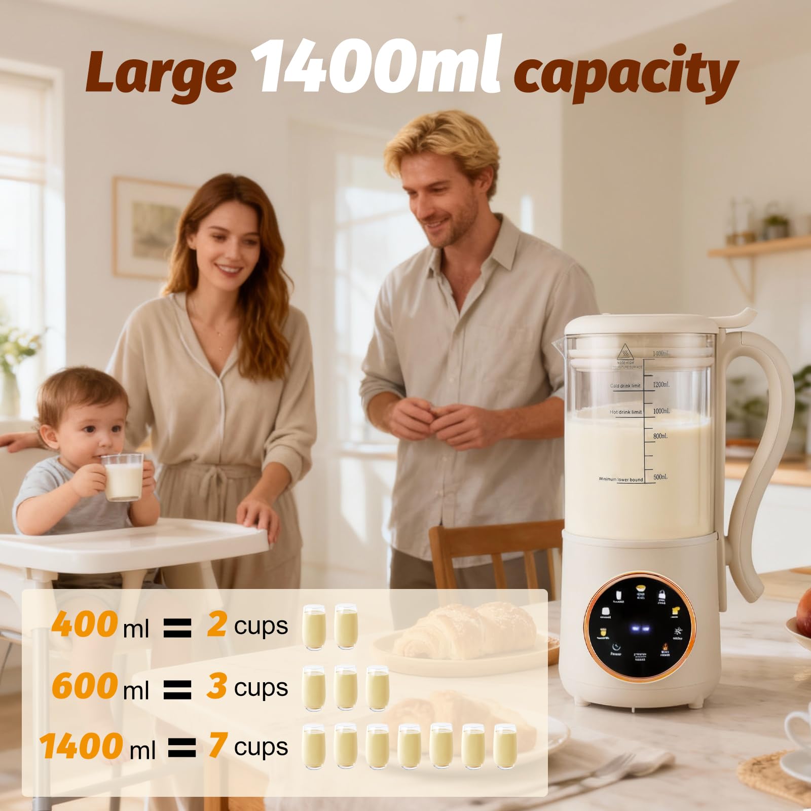Macchina per Latte Vegetale 1400ml, di Noci con LED Display, 16 Lame, Prenotazione 12 ore, 6 Funzioni, Macchina per Latte Vegetale Fatto in Casa, Soia, Mandorle, Avena Bevande
