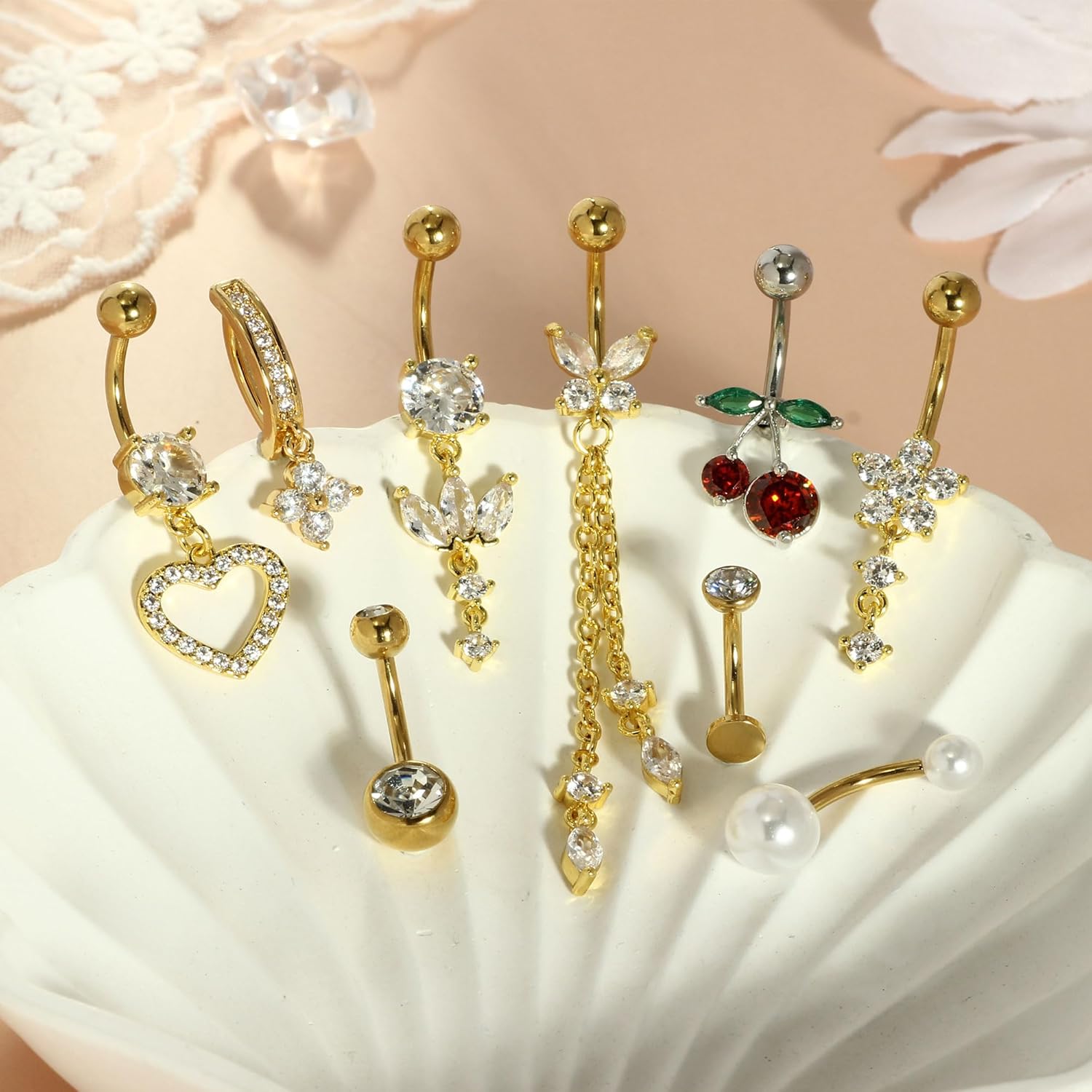 TIANCI FBYJS Belly Button Ring Dangle Surgical Stainless Steel Clicker Belly Rings 14G Floating Belly Piercing Cute Cherry Butterfly Heart Navel Ring Belly Button Piercing Jewelry Barbell for Women - Image 5