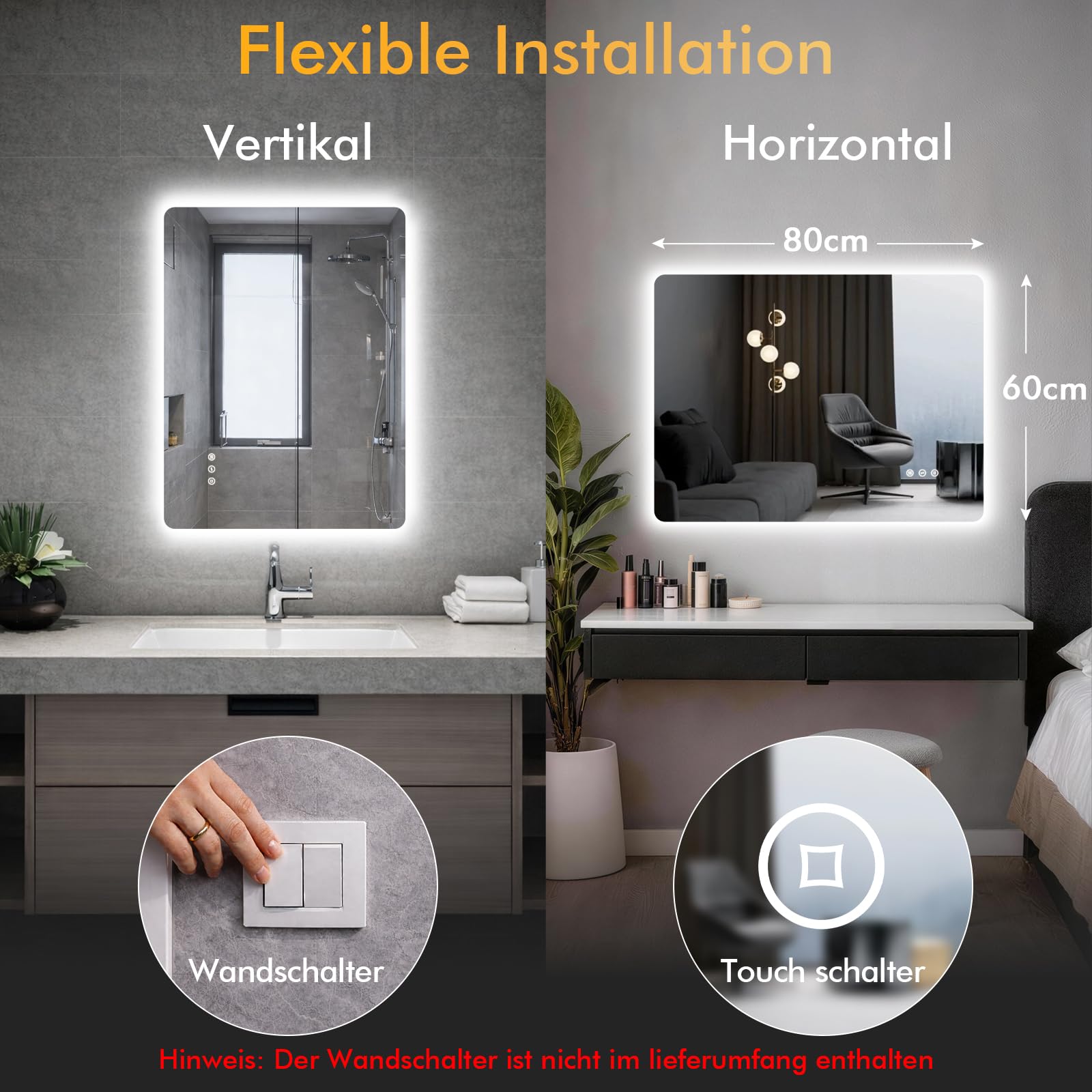 Badspiegel mit Beleuchtung 80x60 cm, LED Spiegel Bad mit Licht, 3 Lichtfarben, Dimmbar, Antibeschlag, Speicherfunktion, IP44, Horizontal/Vertikal montierbar, Rückbeleuchtung
