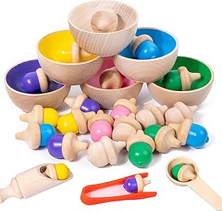 Color Sorting Toys for Toddlers, Wooden Acorns Counting Toys with Bowls Tweezer Spoon Color Learning Activities Teaching Toy Color Matching Game Montessori Toys Gift for Kids Boys Girls