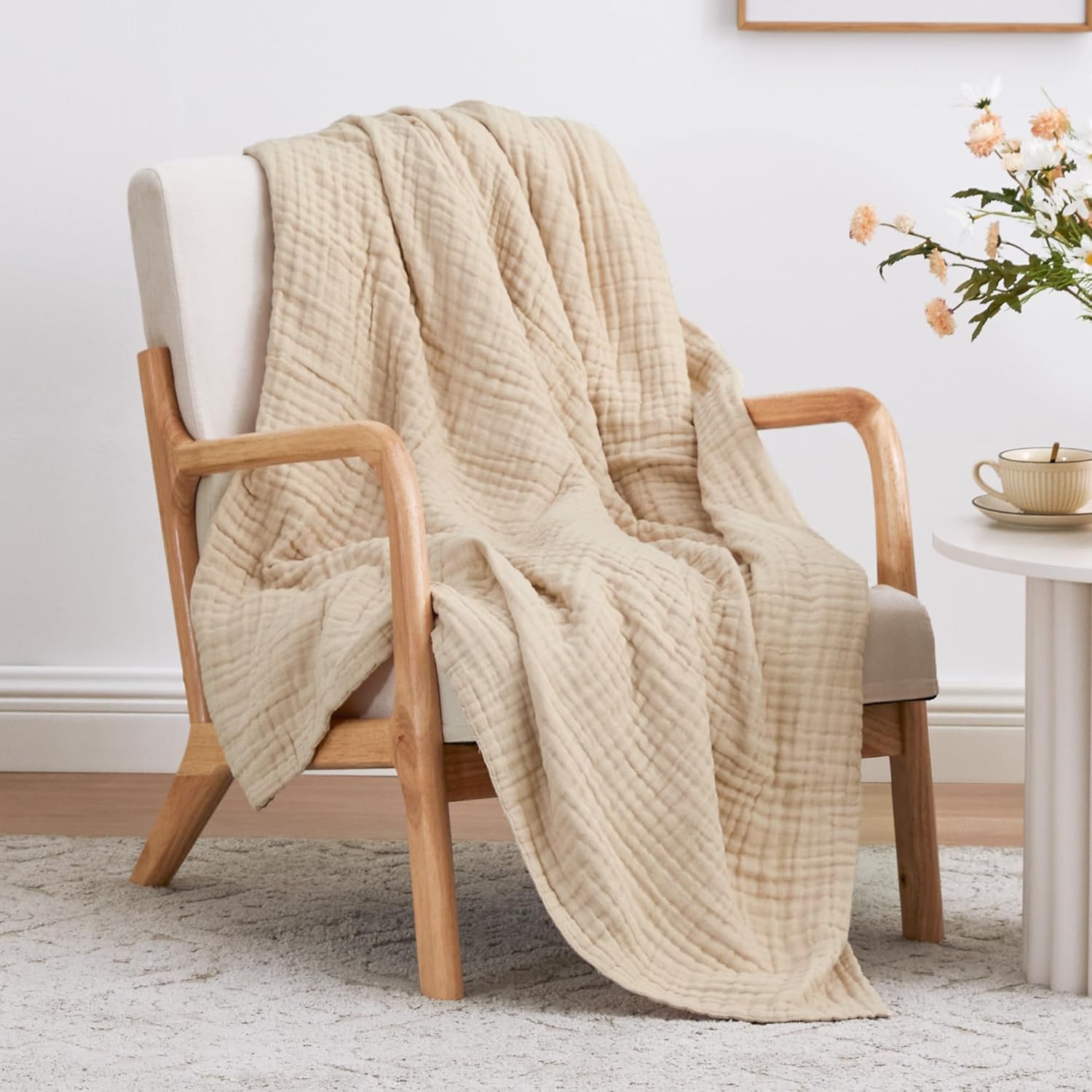 iyoimono Baumwolle Decke für Erwachsene Beige Musselin Decke 200 x 230 cm