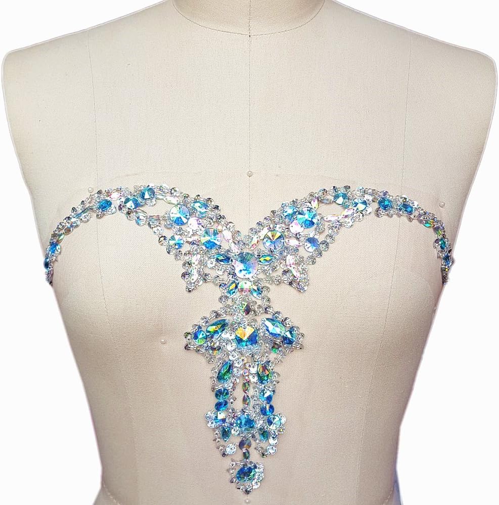 Handmade Beaded V-Neck Sequin Bling Sew On Neckline Rhinestone Crystal Trim Bridal Applique Design Patch Sewing for Children's Clothes Dresses DIY Decoration (Light Blue AB, 9x13 Inch)